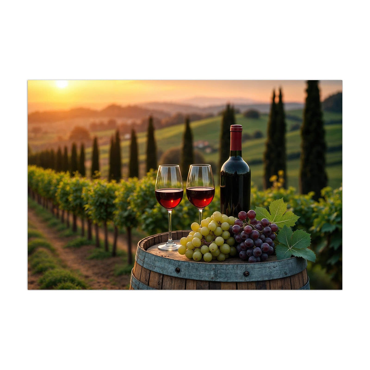 Küchenrückwand aus Glas Rotwein im Weinberg im Hochformat, Motiv bildfüllend von vorn