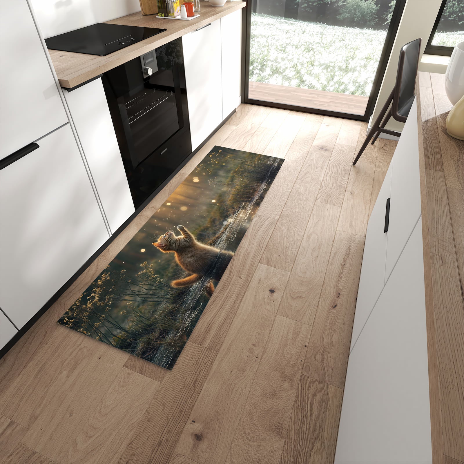Flacher Küchenteppich mit Motiv Katze mit Marienkäfer in moderner Küche - waschbar