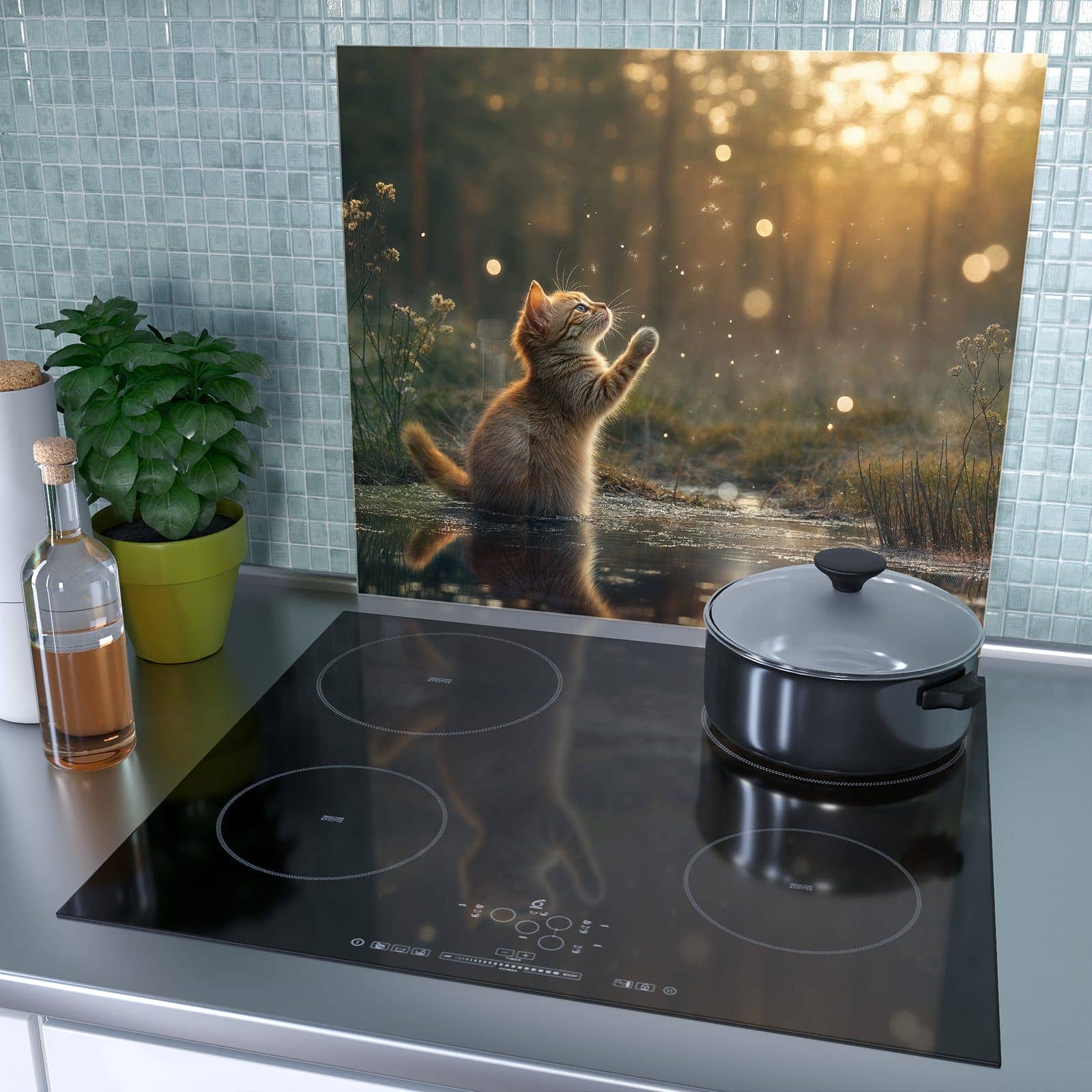 1-teilige Herdabdeckplatte mit Katze mit Marienkäfer-Motiv als Spritzschutz hinter dem Kochfeld