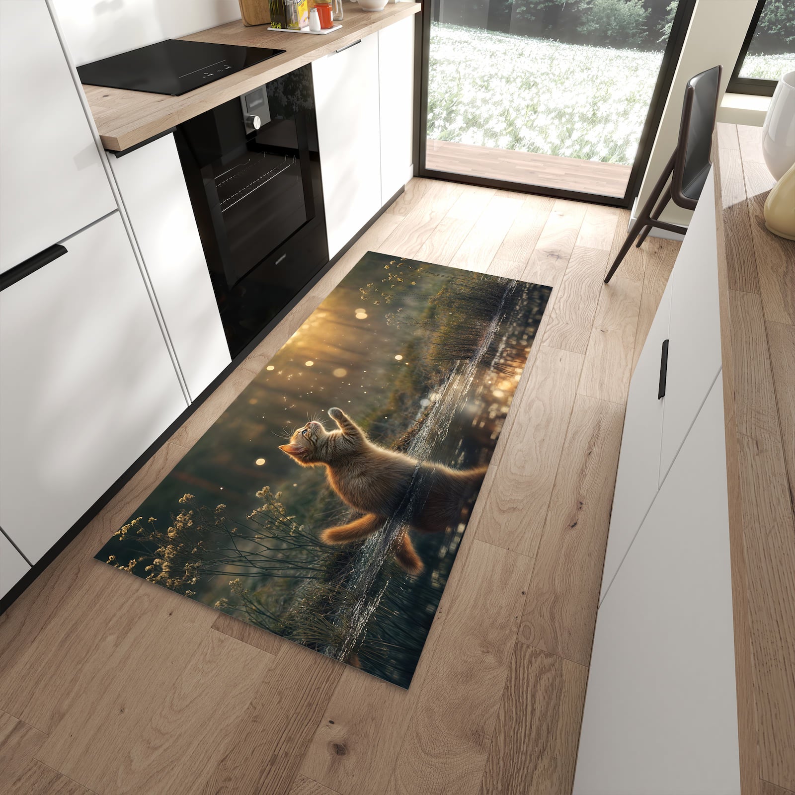 Langlebiger Küchenläufer mit Motiv Katze mit Marienkäfer in moderner Küche