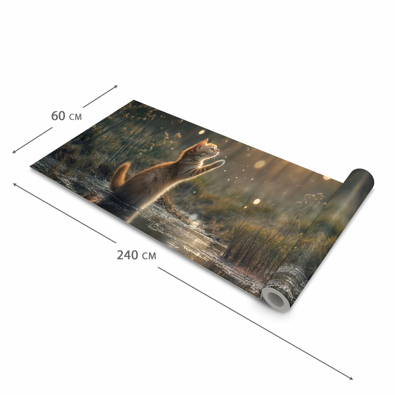 Flacher großer Küchenteppich mit Motiv Katze mit Marienkäfer in der Größe 60x120 cm