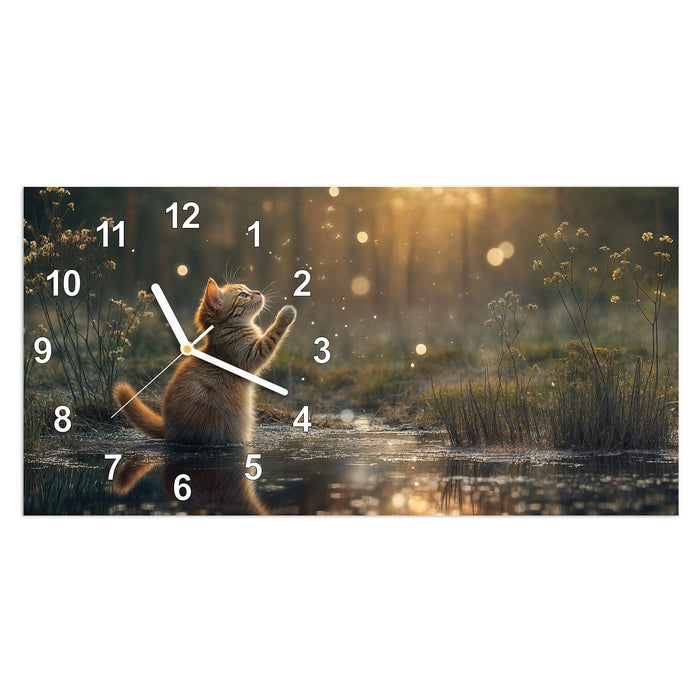Wanduhr Katze mit Marienkäfer aus Glas – Querformat 60 × 30 cm mit Ziffernblatt Modern
