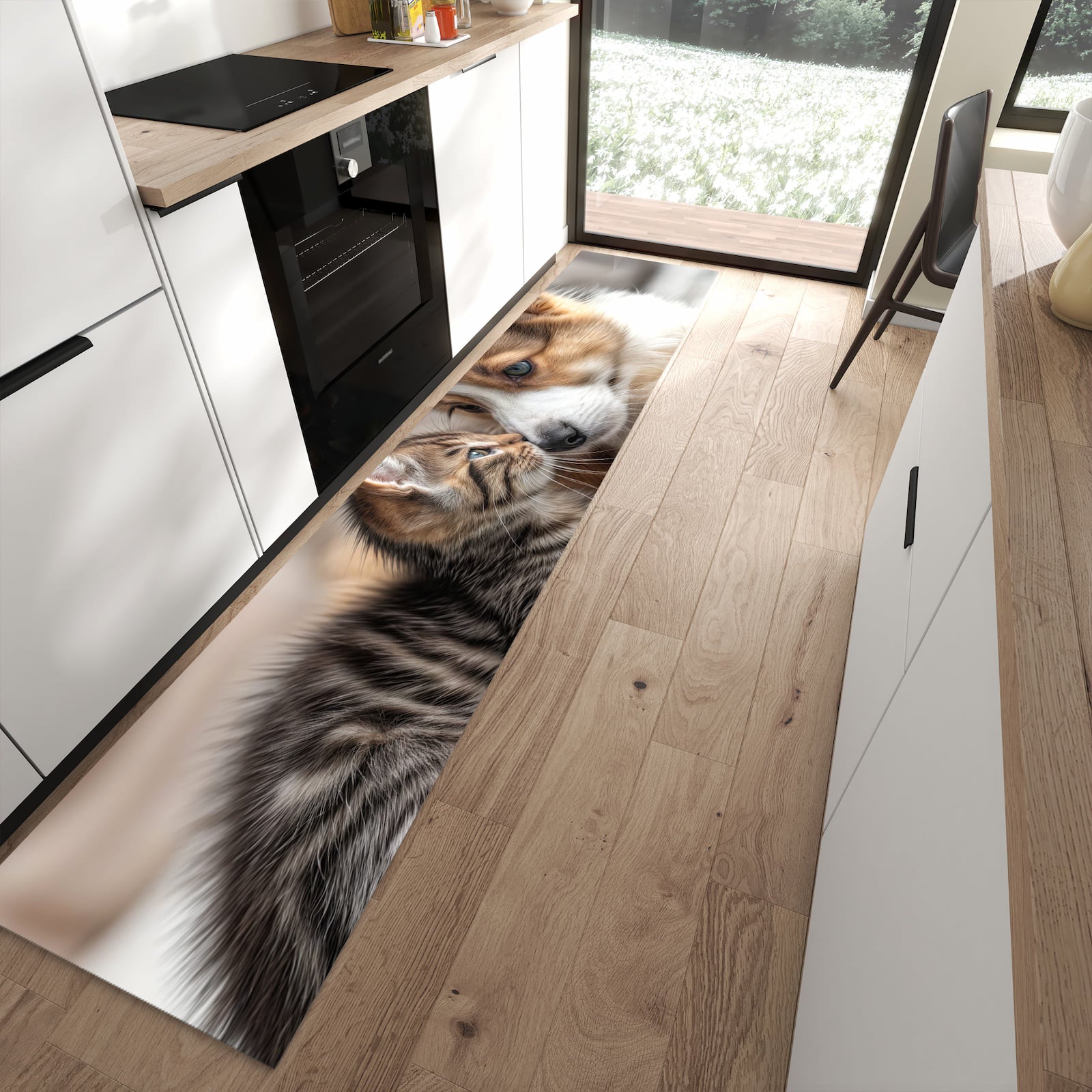Rutschfester Küchenteppich mit Motiv Welpe und Kätzchen in moderner Küche