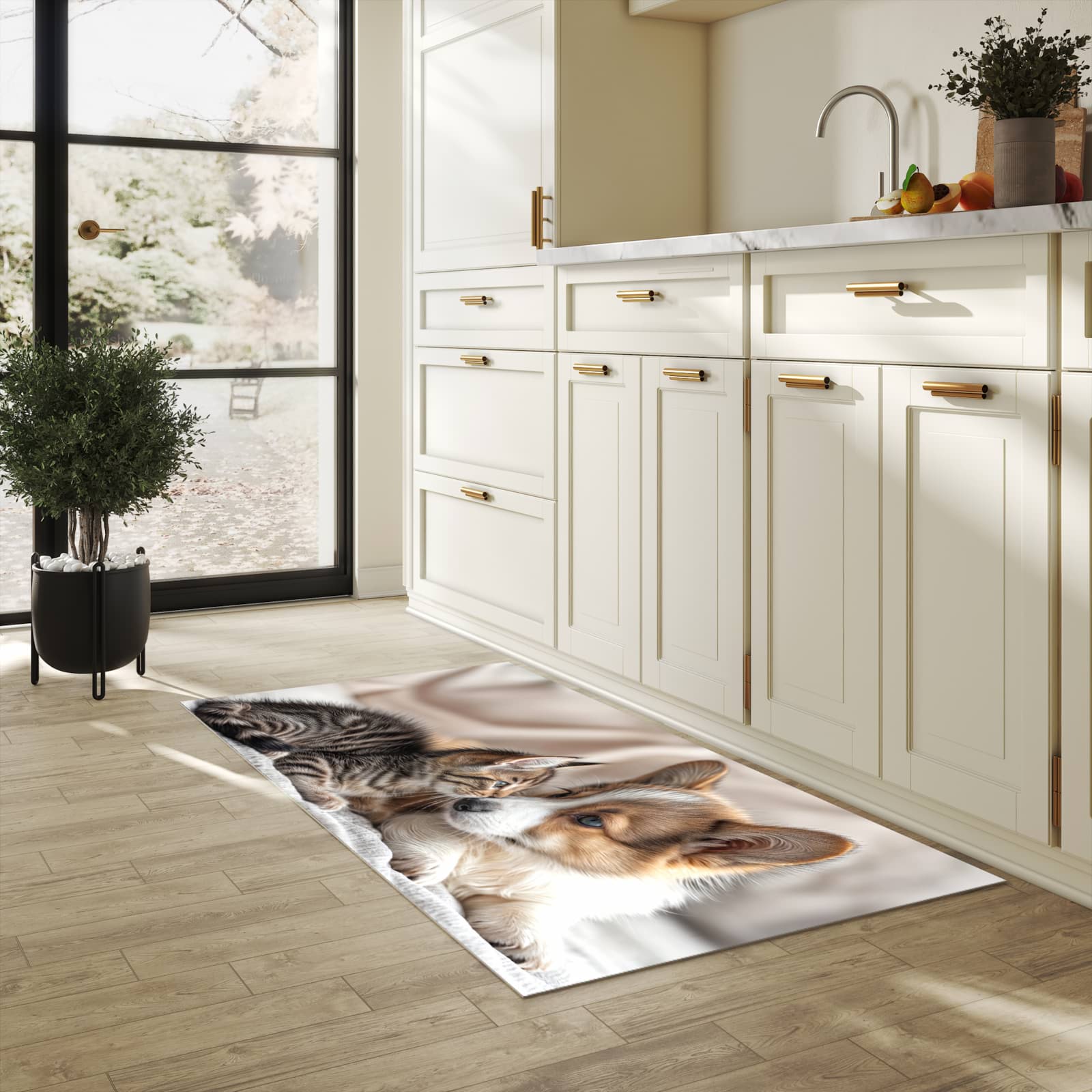 Langlebiger rutschfester Küchenläufer mit Motiv Welpe und Kätzchen in heller Küche