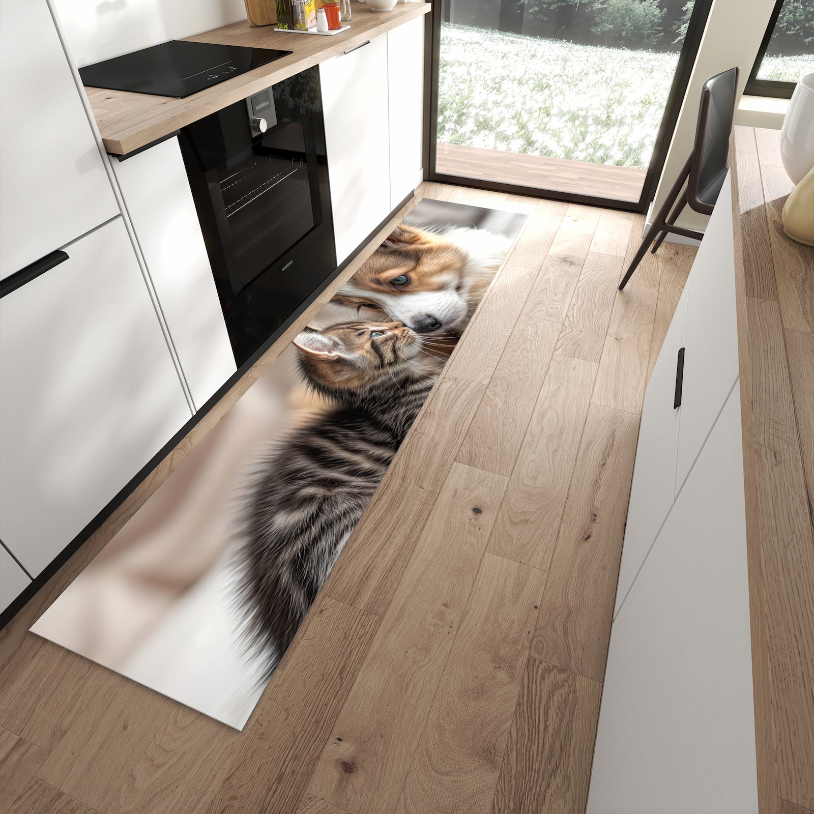 Komfortabler großer Küchenteppich mit Motiv Welpe und Kätzchen in moderner Küche