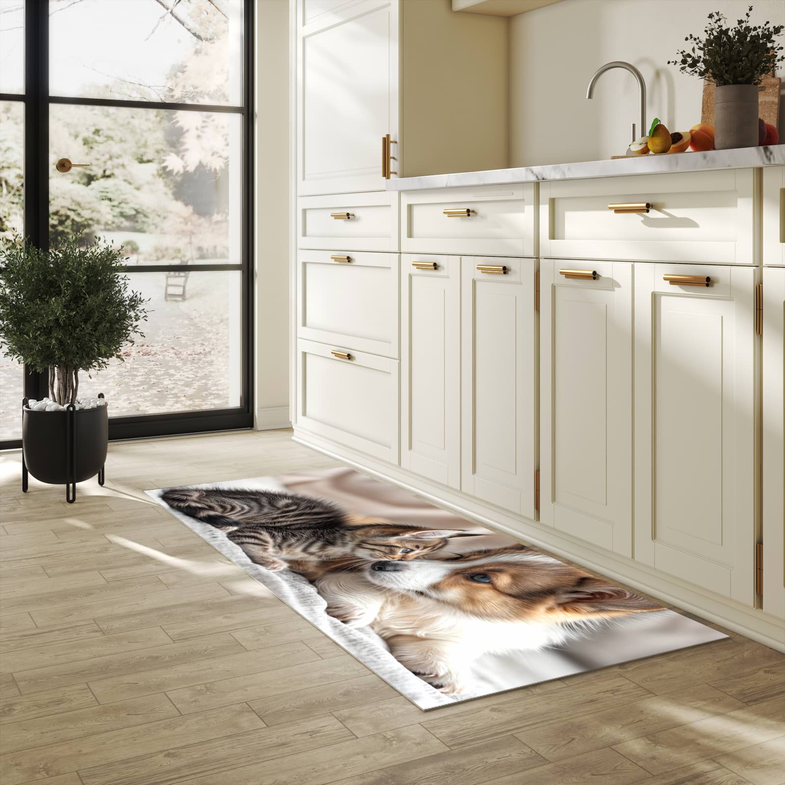 Wasserabweisender Küchenläufer mit Motiv Welpe und Kätzchen in heller Küche