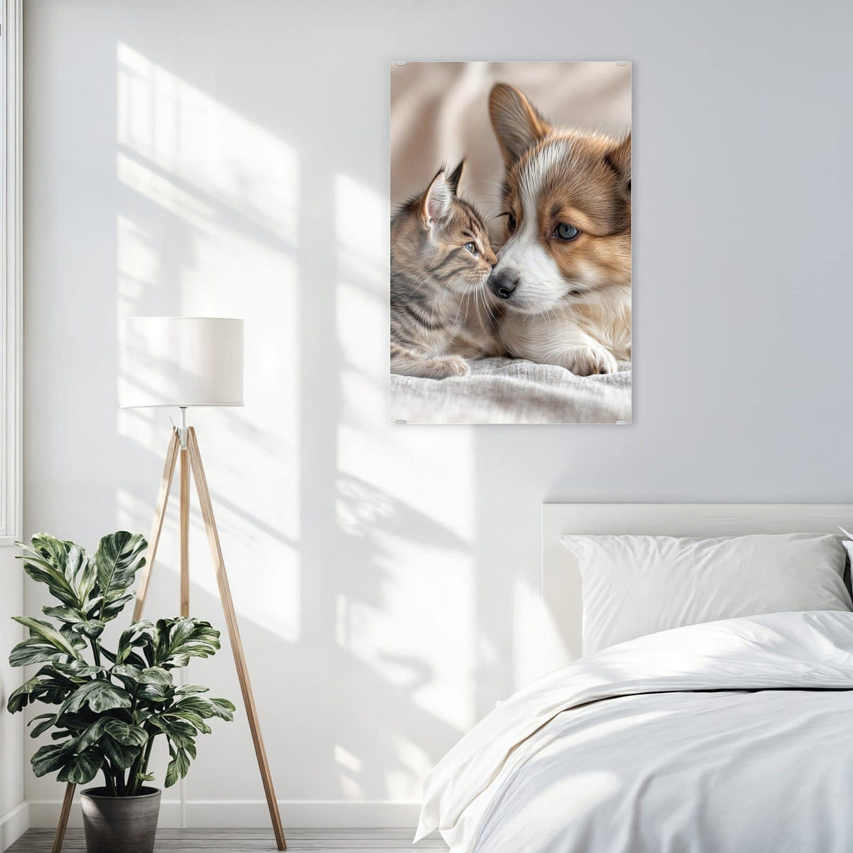 Wandbild aus Glas Welpe und Kätzchen über einem Bett im hellen Schlafzimmer