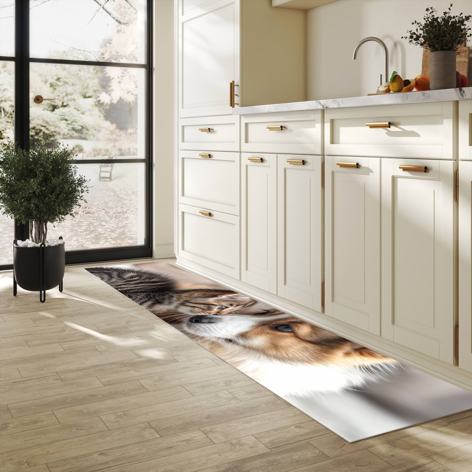 UV-beständiger Küchenteppich mit Motiv Welpe und Kätzchen in heller Küche