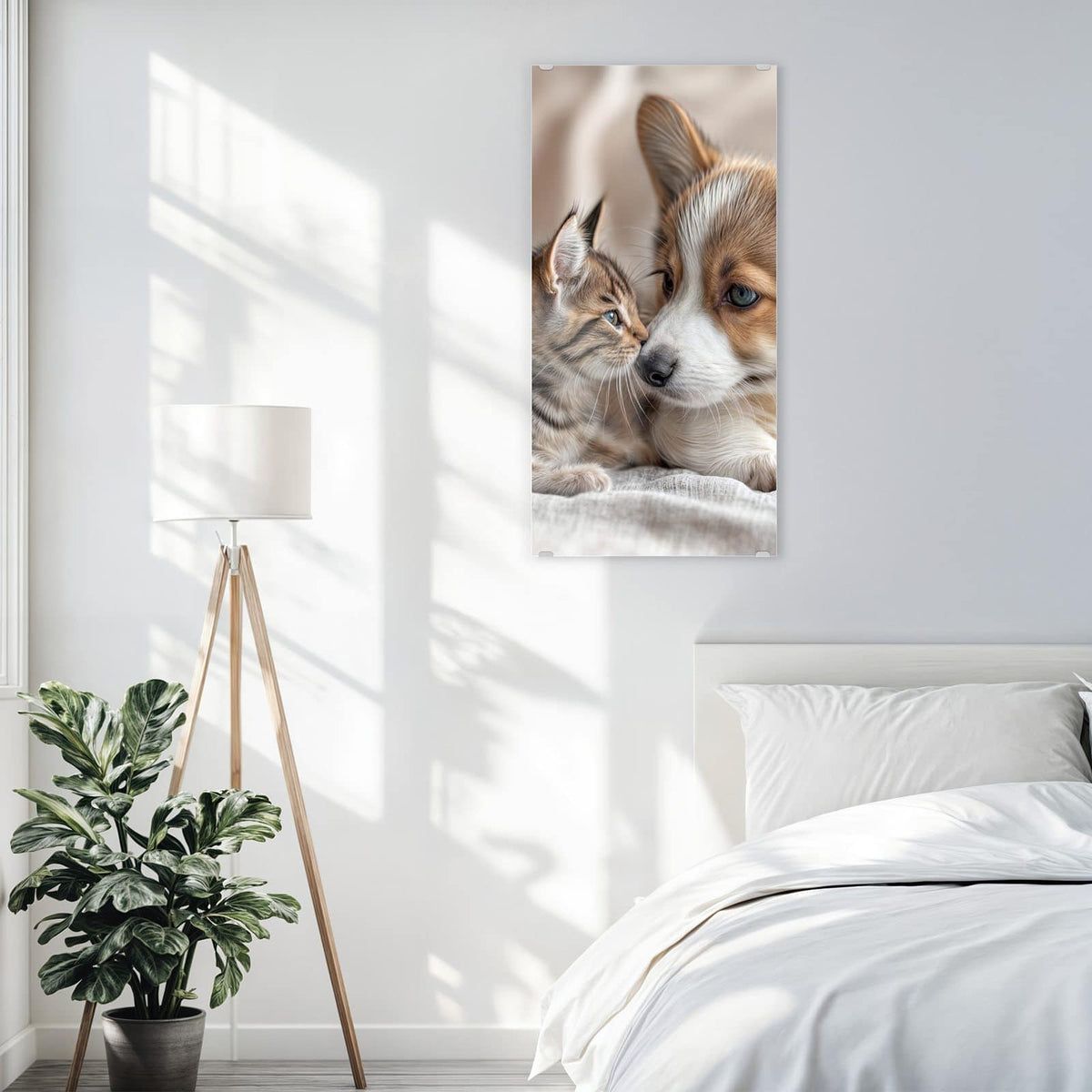 Wandbild aus Glas Welpe und Kätzchen über einem Bett im hellen Schlafzimmer