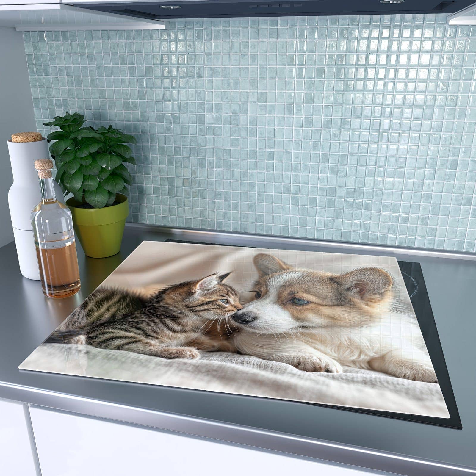 1-teilige Herdabdeckplatte mit Welpe und Kätzchen-Motiv auf dem Ceranfeld