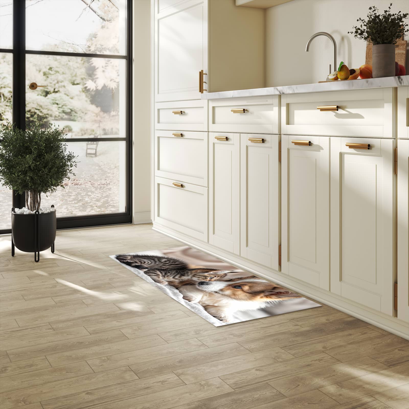 Küchenteppich mit Motiv Welpe und Kätzchen in heller Küche für sicheres Aufbewahren