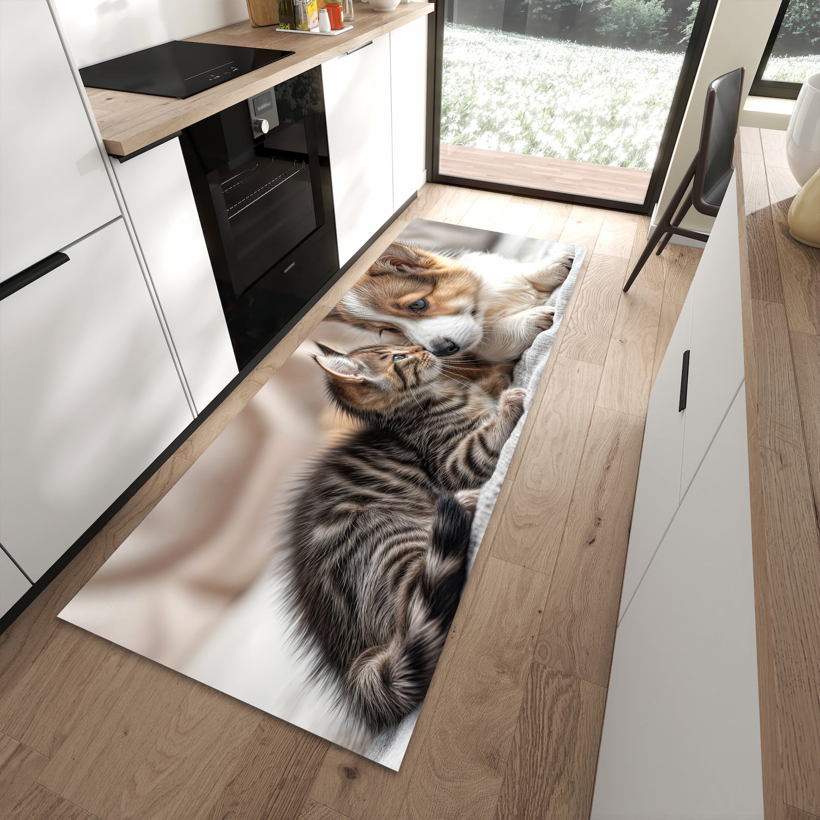 Rutschfester Küchenläufer mit Motiv Welpe und Kätzchen in moderner Küche