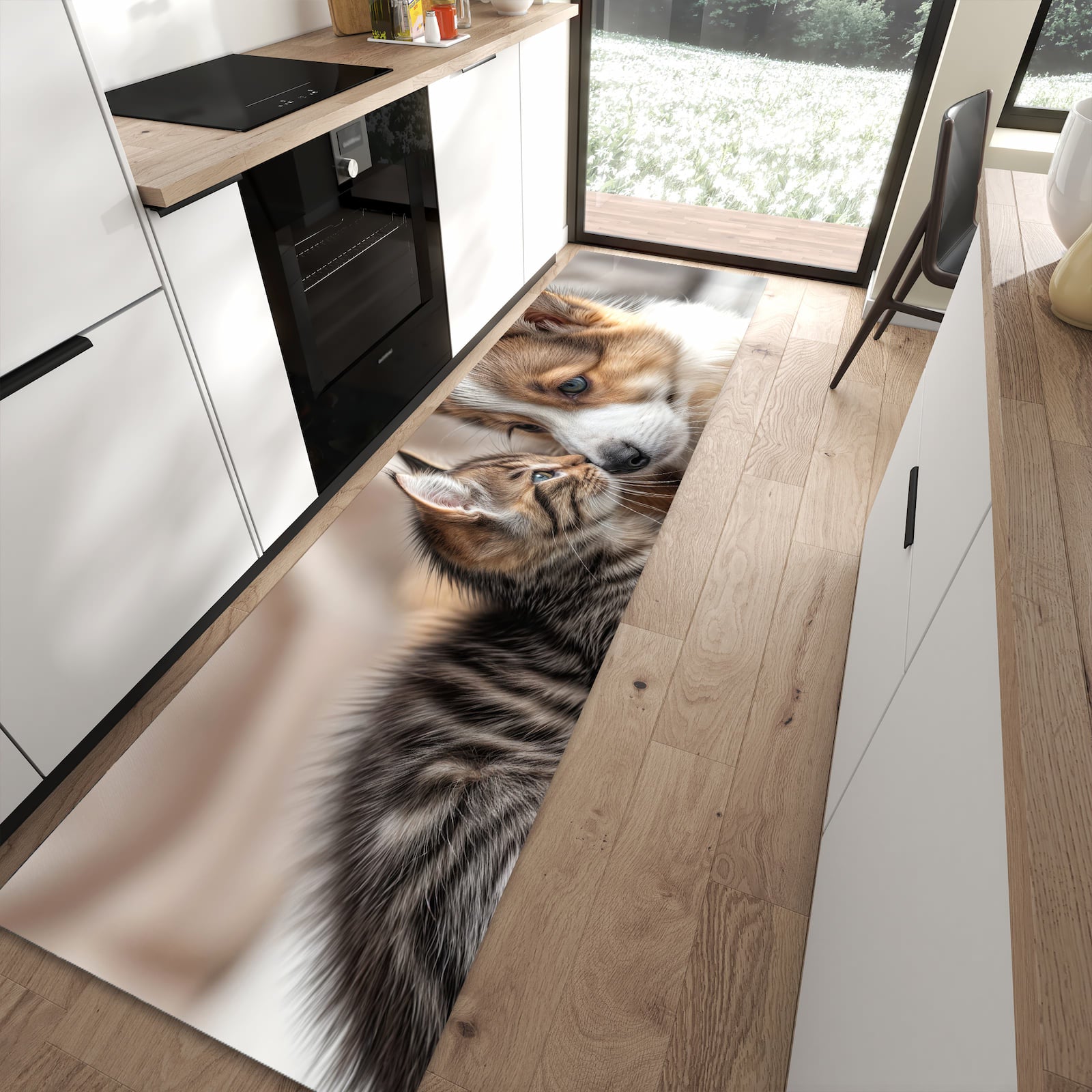 Waschbarer Küchenläufer mit Motiv Welpe und Kätzchen in moderner Küche