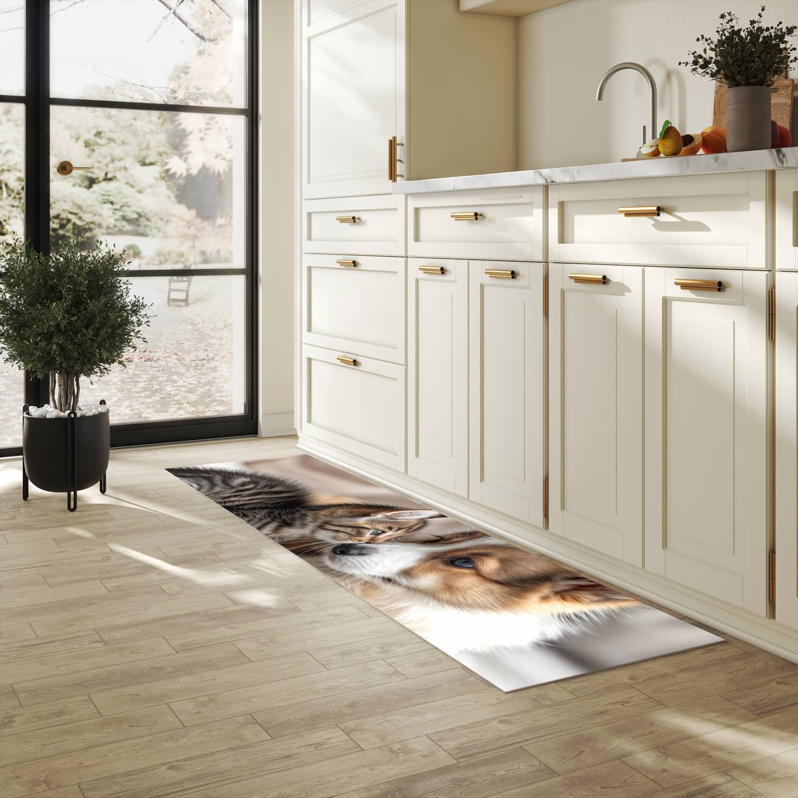 Geräuschdämpfender waschbarer Küchenteppich mit Motiv Welpe und Kätzchen in heller Küche