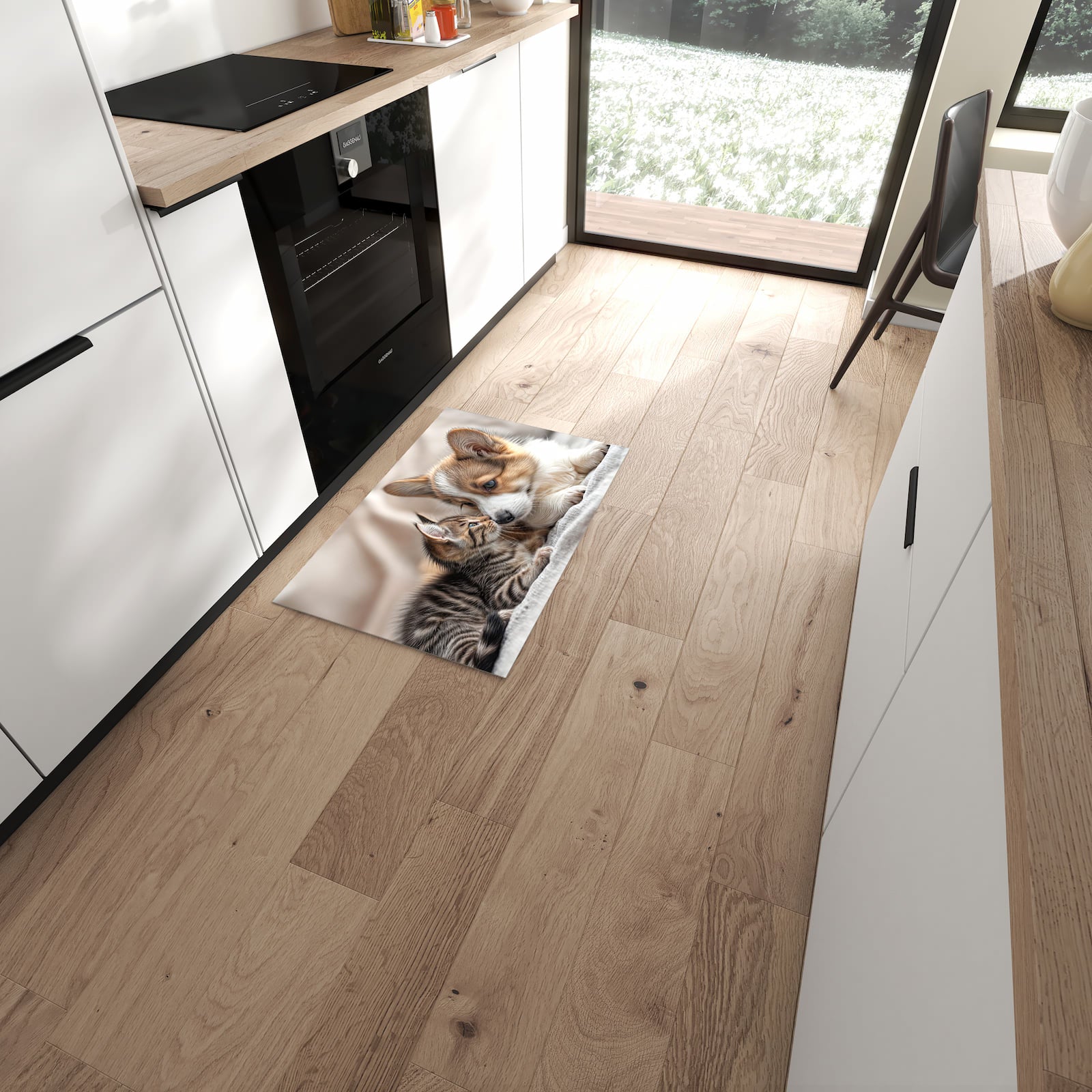 Waschbarer Küchenteppich mit Motiv Welpe und Kätzchen in moderner Küche