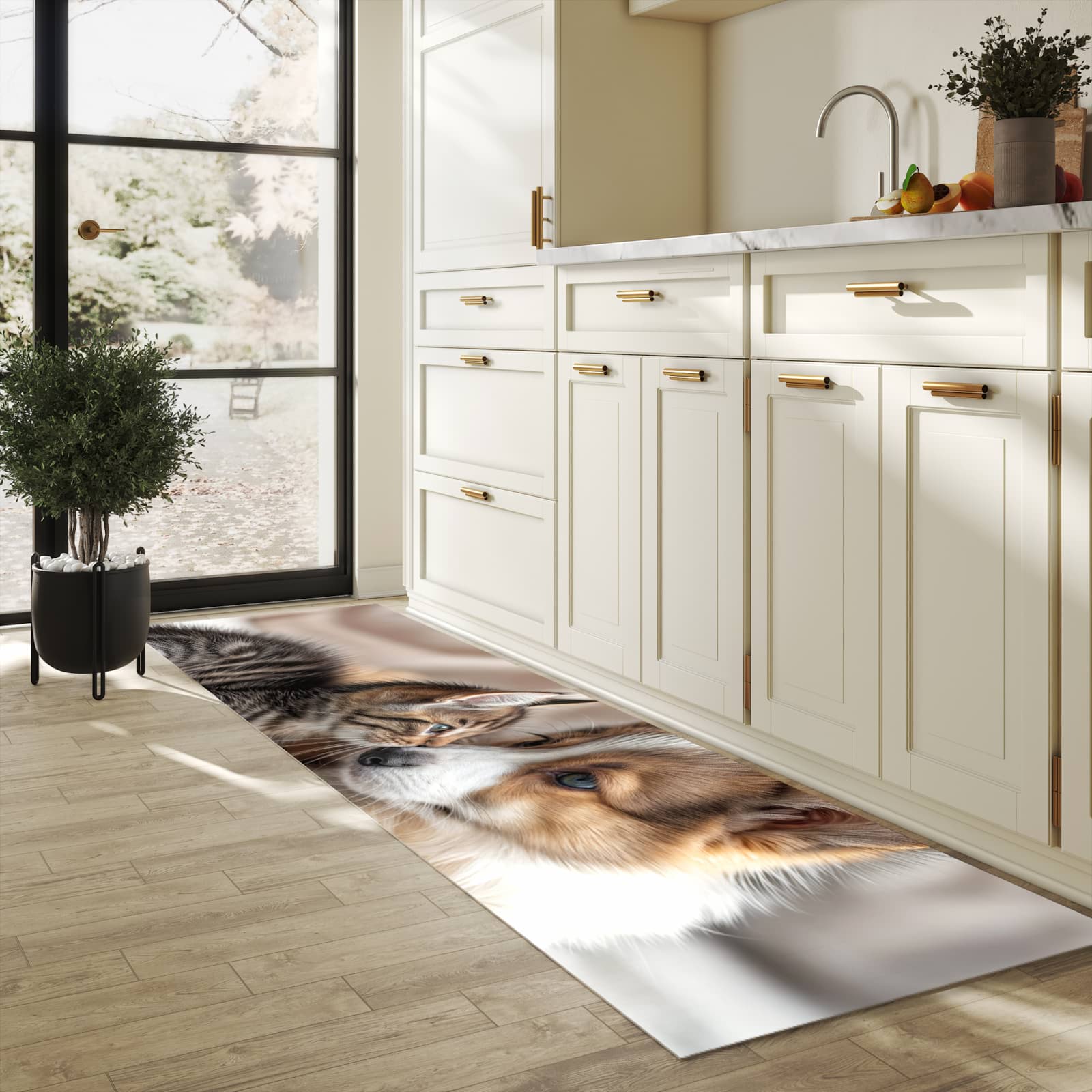 Geruchsneutraler rutschfester Küchenläufer mit Motiv Welpe und Kätzchen in heller Küche