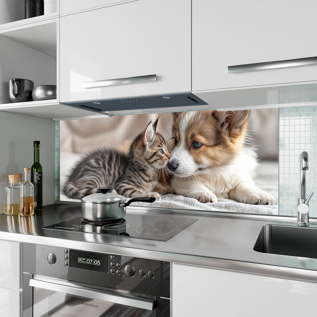 Küchenrückwand aus Glas Welpe und Kätzchen im Hochformat als Spritzschutz hinter dem Kochfeld, über dem Fliesenspiegel montiert