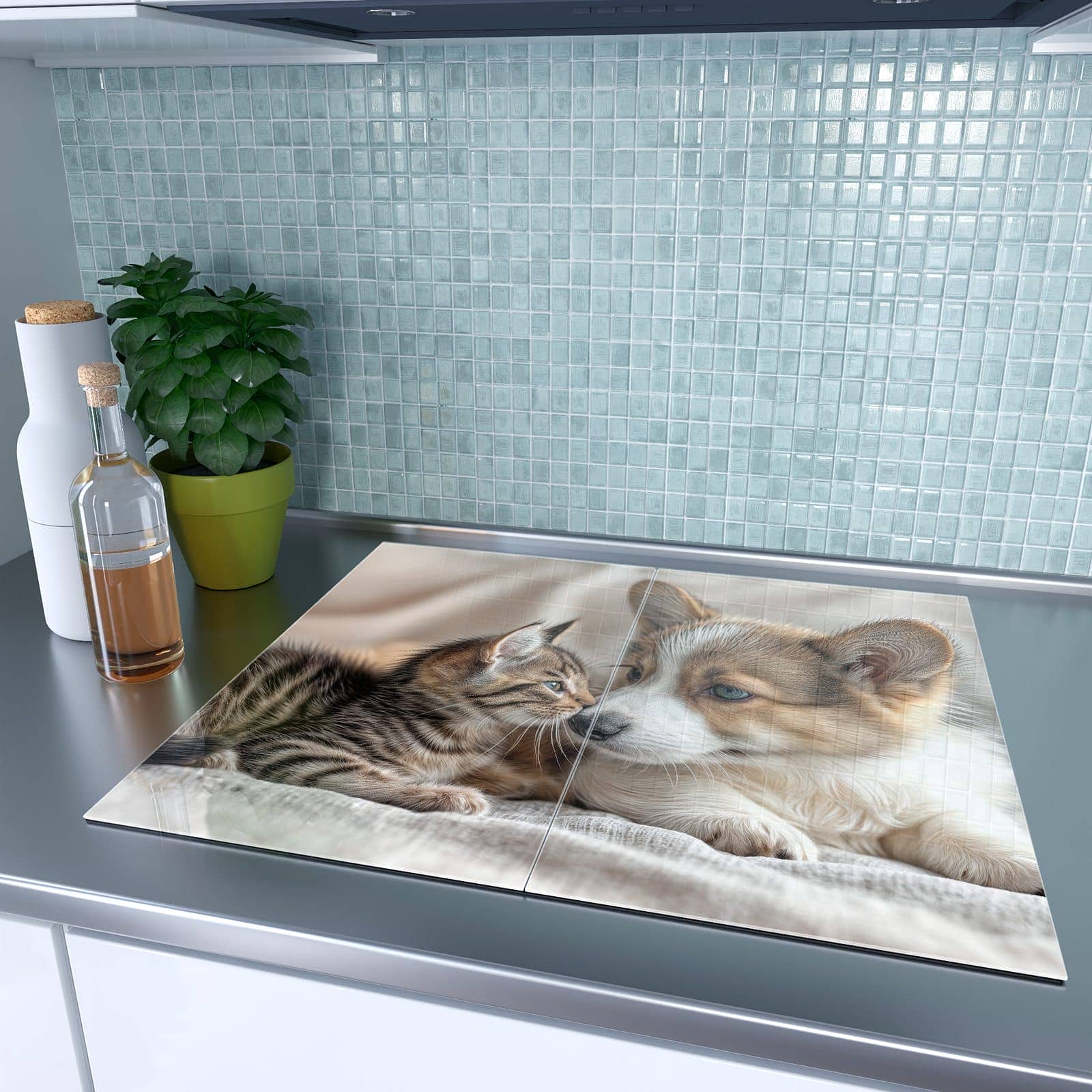 2-teilige Herdabdeckplatte für Ceranfeld mit Welpe und Kätzchen-Motiv auf dem Ceranfeld