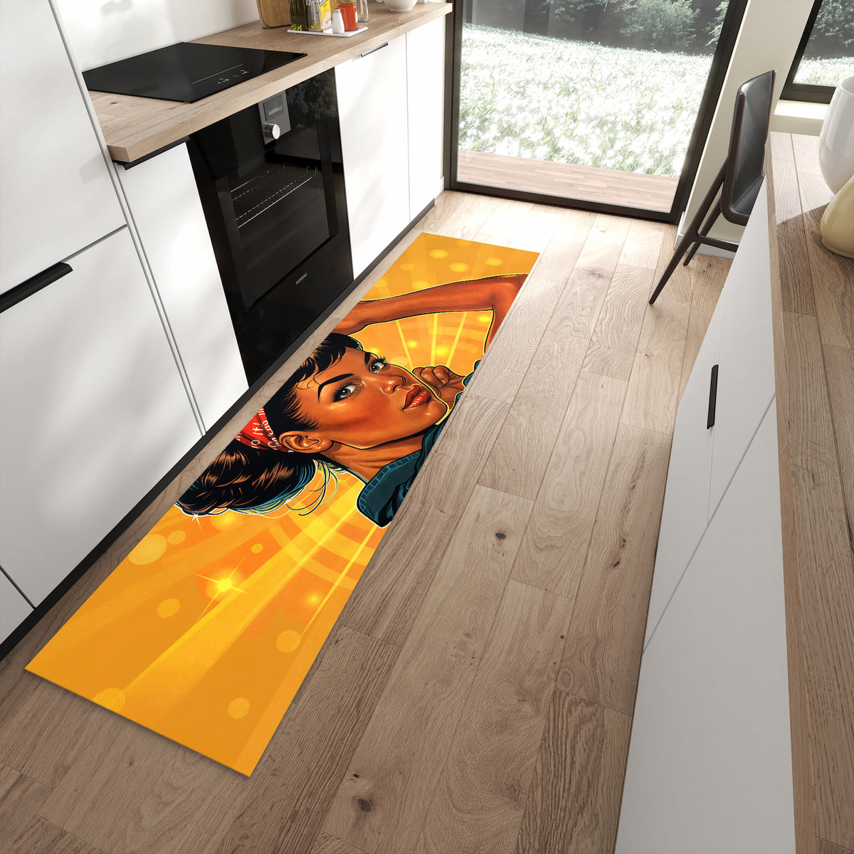 Formstabiler langer Teppich mit Motiv Motivationsposter in moderner Küche