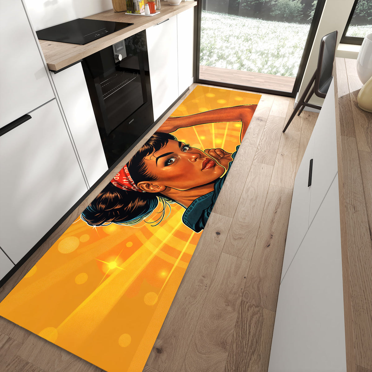 Wasserabweisender Teppich für Esstisch mit Motiv Motivationsposter in moderner Küche