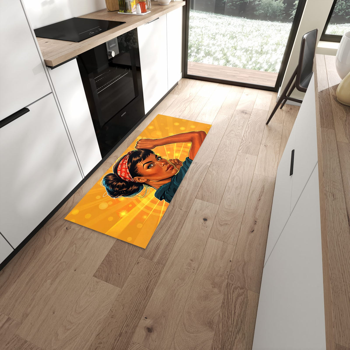Bodenschonender waschbarer Küchenläufer mit Motiv Motivationsposter in moderner Küche #grösse_60 x 150 cm