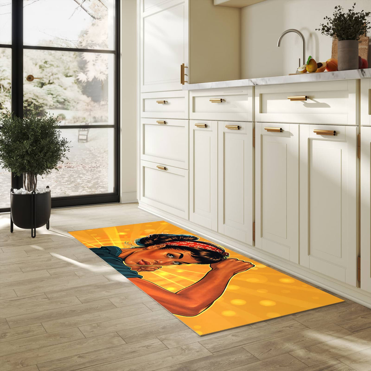 Flacher rutschfester Küchenteppich mit Motiv Motivationsposter in heller Küche