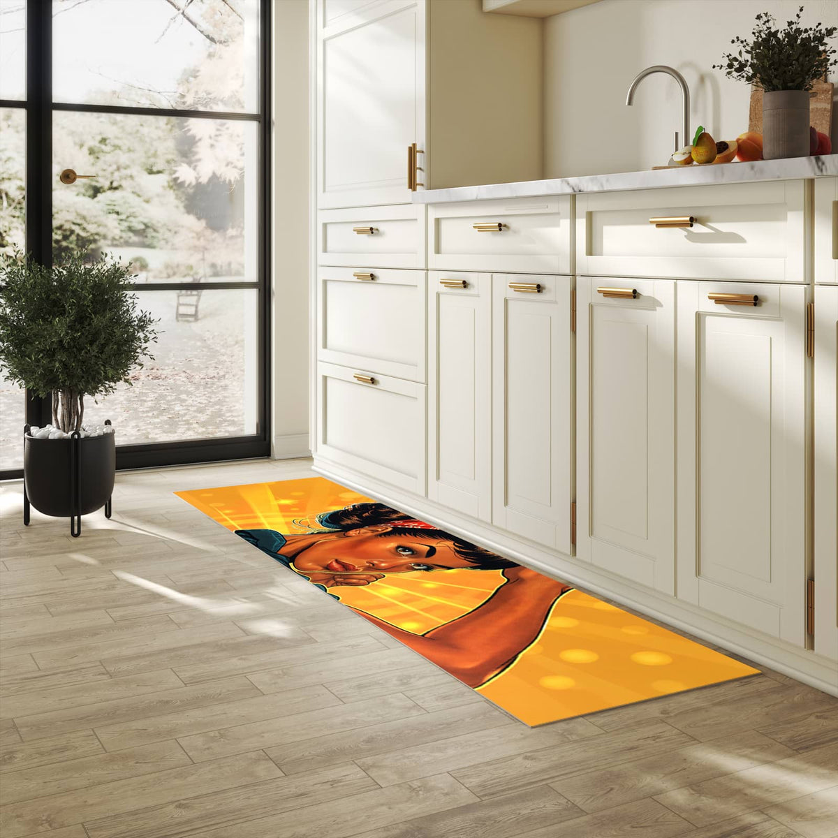 Fleckenresistenter langer Teppich mit Motiv Motivationsposter in heller Küche