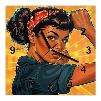 Wanduhr Quadratisch mit dem Motiv Starke Frau in Pop Art