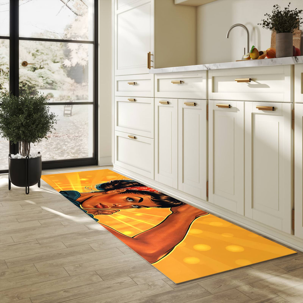 Komfortabler Teppich fürs Esszimmer mit Motiv Motivationsposter in heller Küche, waschbar