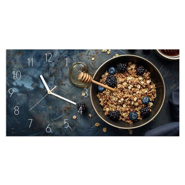 Wanduhr Müsli mit Beeren aus Glas – Querformat 60 × 30 cm mit Ziffernblatt Elegant