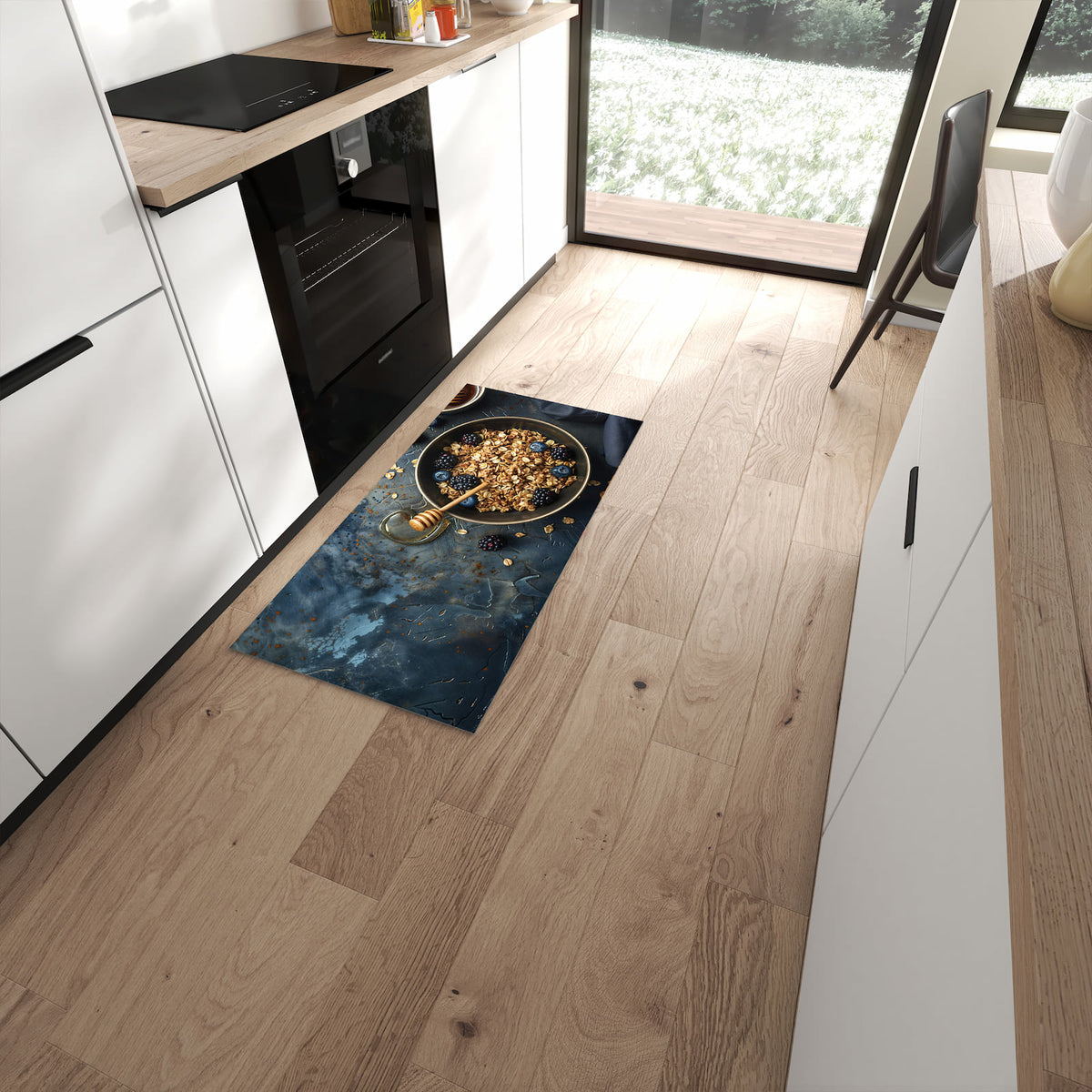 Flacher Küchenteppich mit Motiv Müsli mit Beeren in moderner Küche #grösse_60 x 120 cm