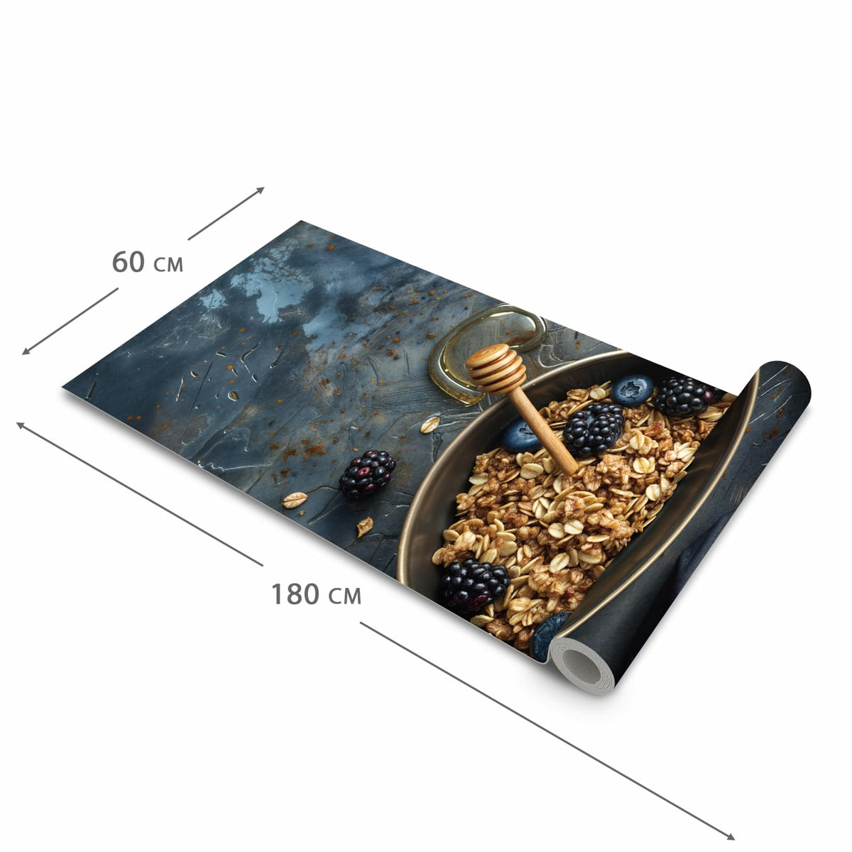 Langlebiger dünner Küchenteppich mit Motiv Müsli mit Beeren in der Grösse 90x240 cm
