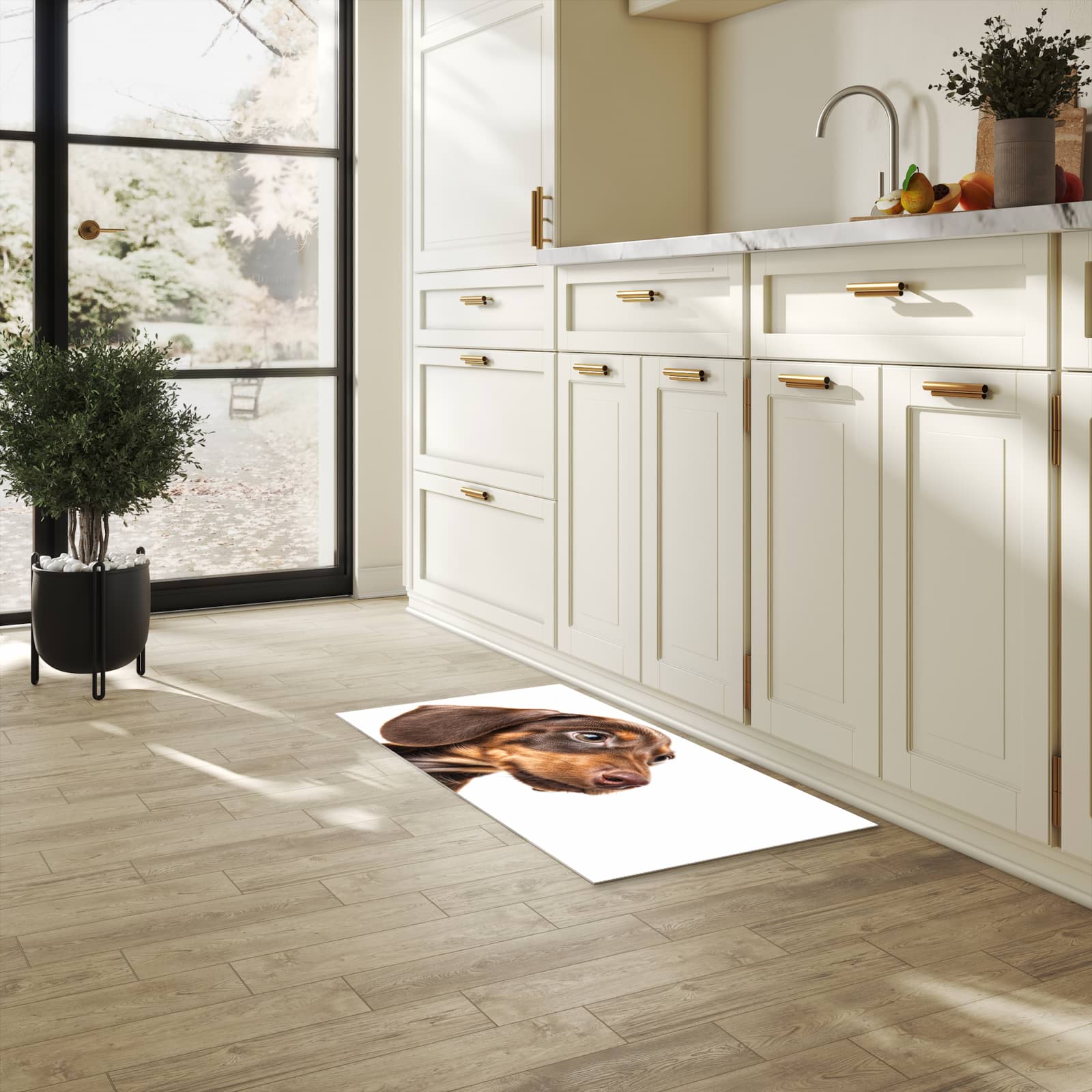 Wasserabweisender rutschfester Küchenläufer mit Motiv Niedlicher Hund in heller Küche