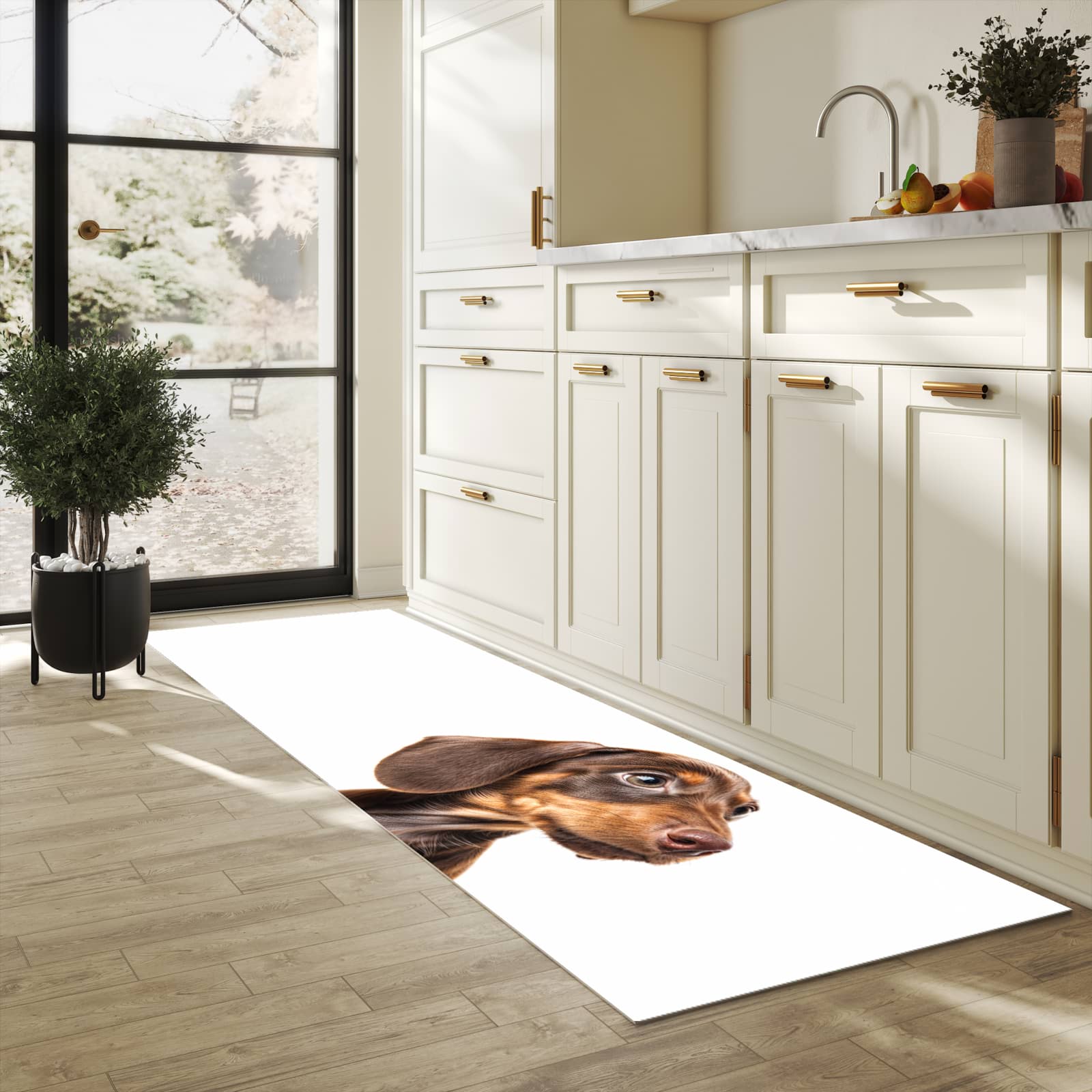 Abwaschbarer Küchenteppich mit Motiv Niedlicher Hund in heller Küche