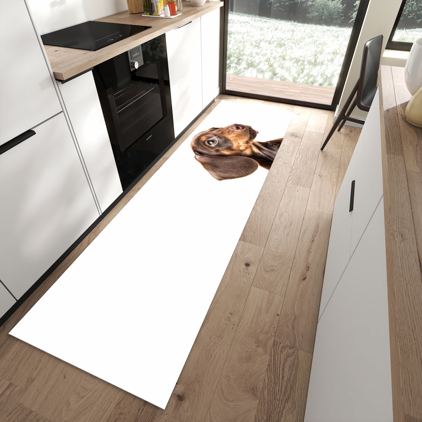 Fleckenresistenter abwaschbarer Küchenteppich mit Motiv Niedlicher Hund in moderner Küche