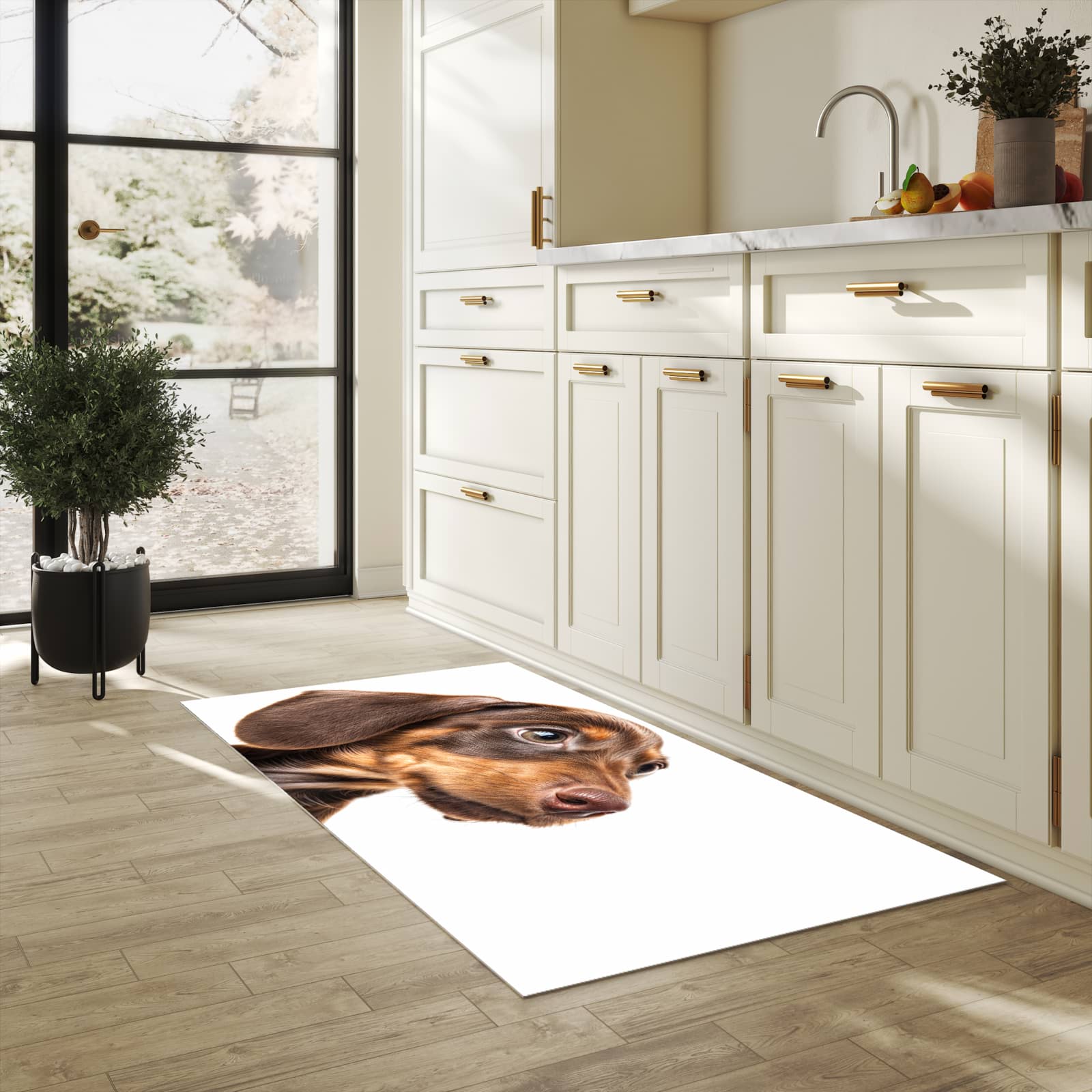 Hygienischer Küchenteppich mit Motiv Niedlicher Hund in heller Küche