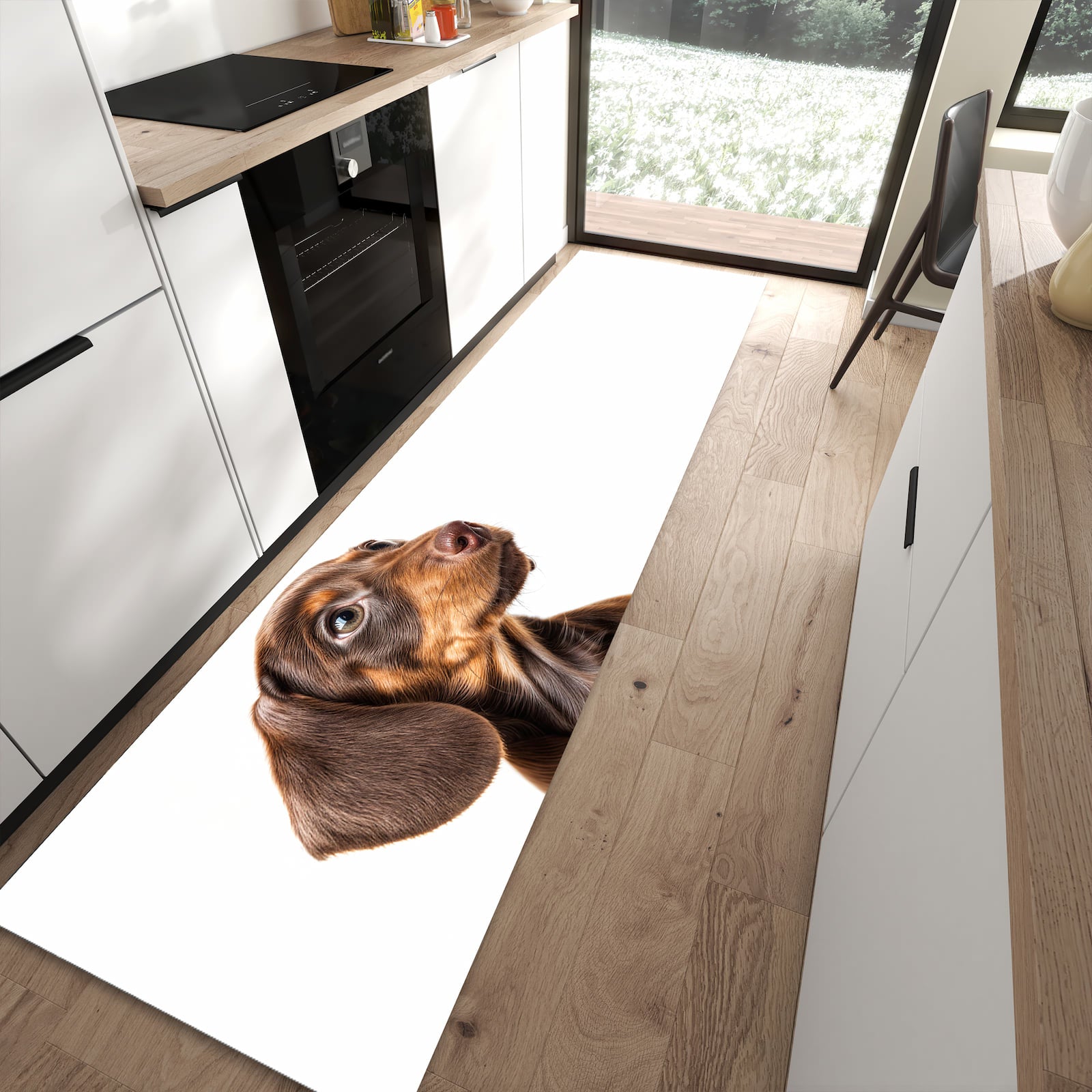 Schmutzabweisender Küchenläufer mit Motiv Niedlicher Hund in moderner Küche