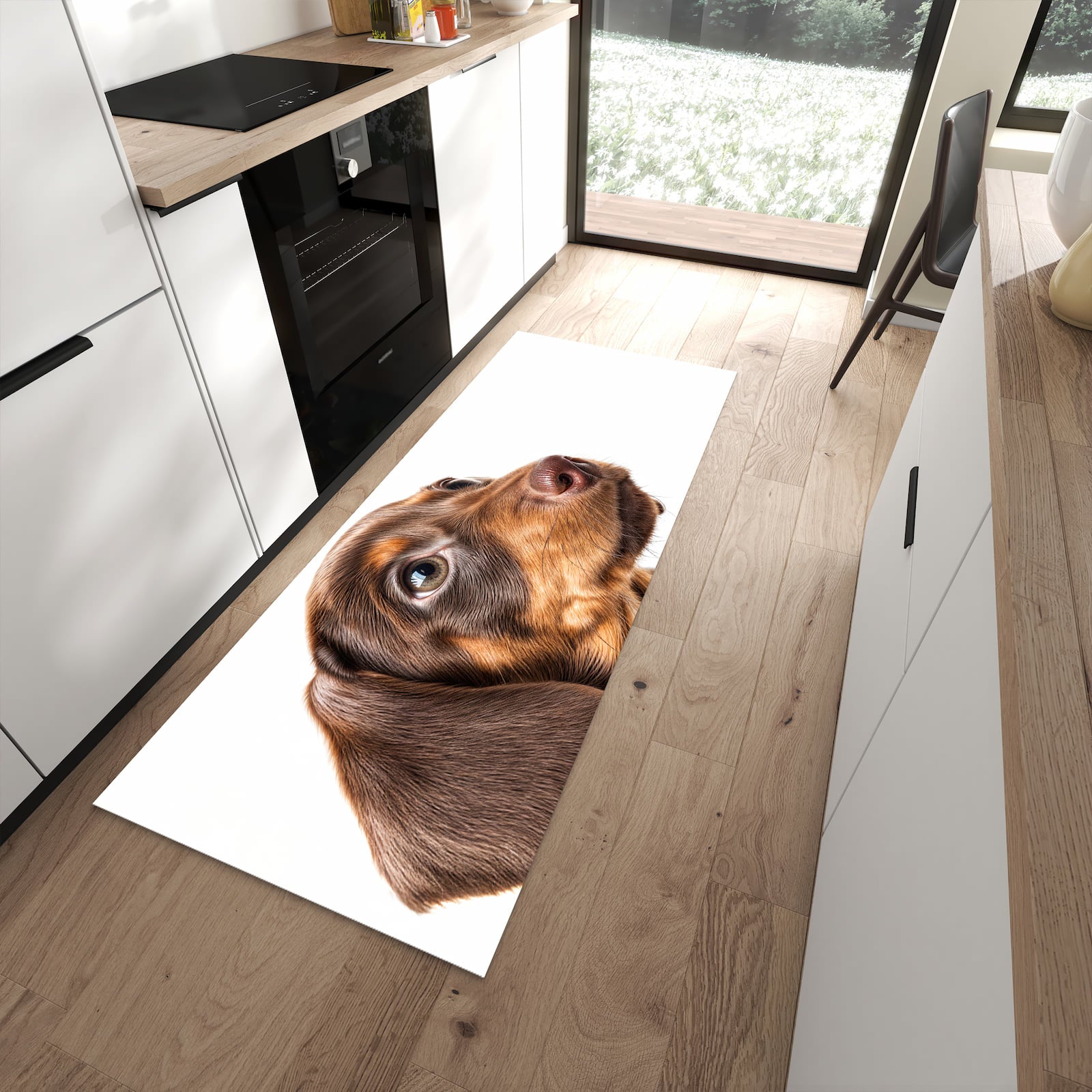 Komfortabler Küchenläufer mit Motiv Niedlicher Hund in moderner Küche