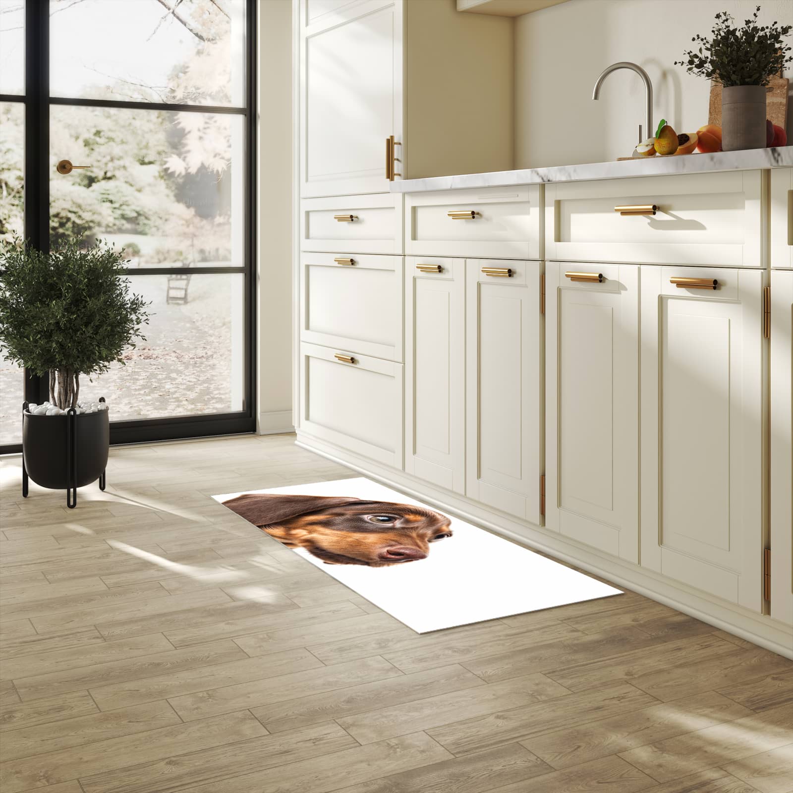 Fleckenresistenter rutschfester Küchenläufer mit Motiv Niedlicher Hund in heller Küche