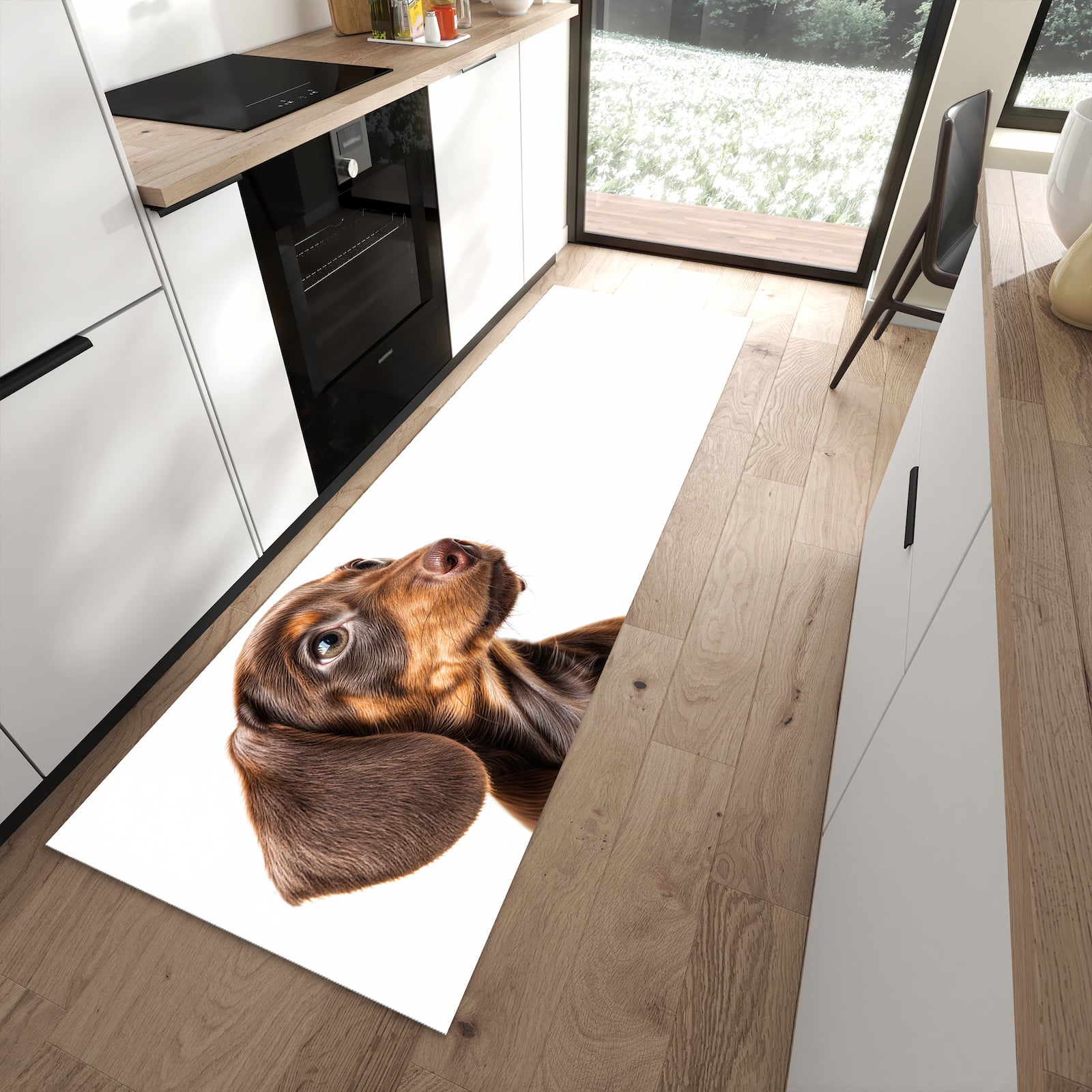 Wasserabweisender Küchenläufer mit Motiv Niedlicher Hund in moderner Küche
