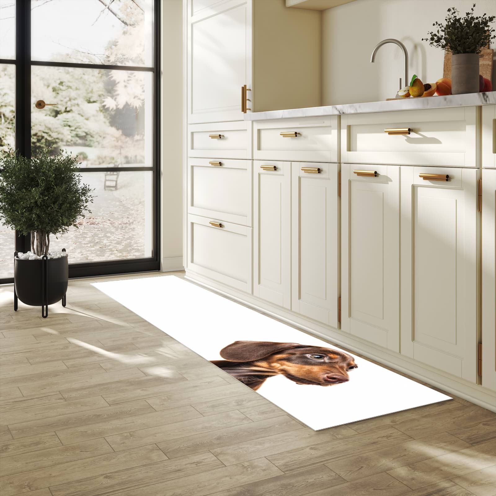 Langlebiger Küchenläufer mit Motiv Niedlicher Hund in heller Küche