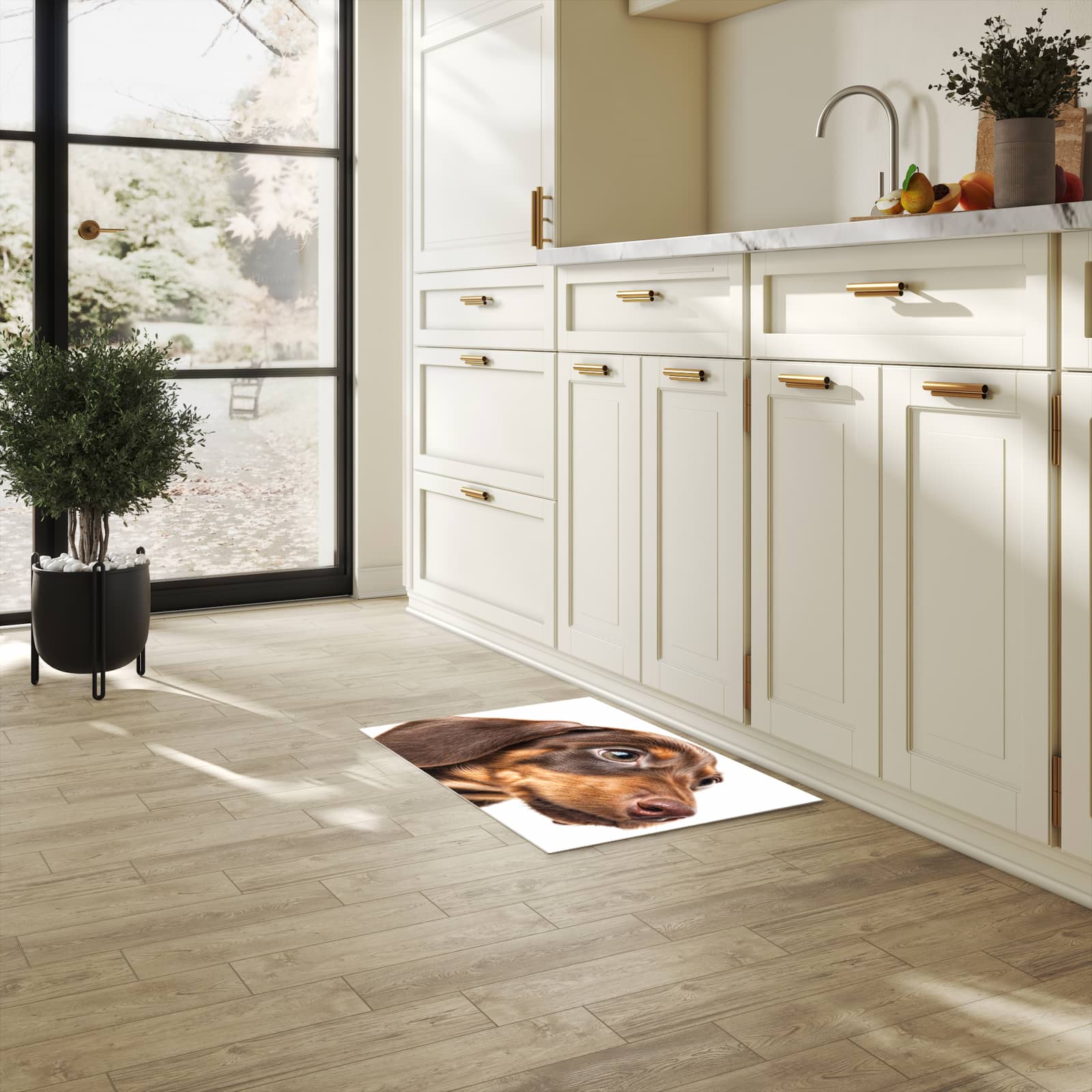 Pflegeleichter waschbarer Küchenläufer mit Motiv Niedlicher Hund in heller Küche