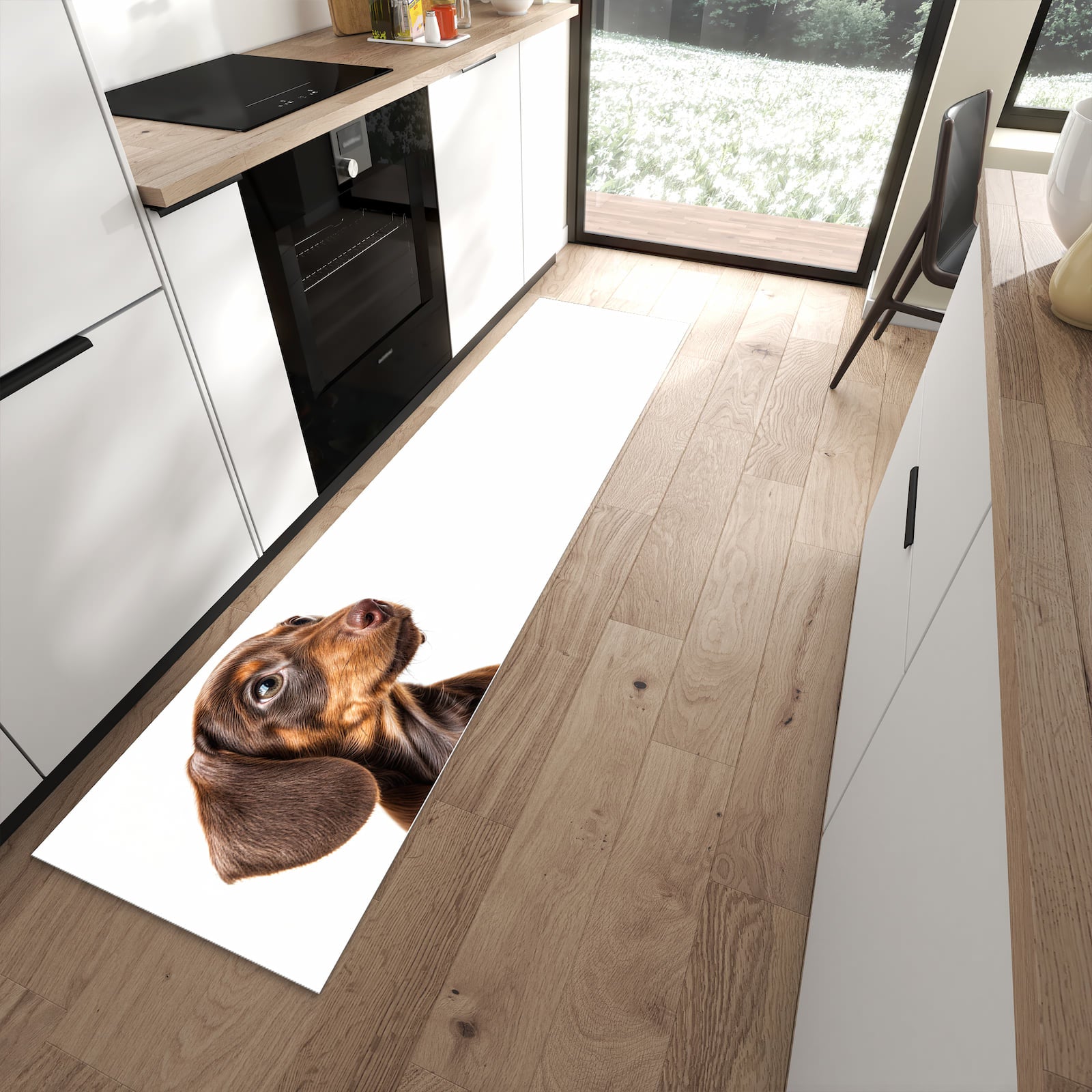 Zeitsparender rutschfester Küchenläufer mit Motiv Niedlicher Hund in moderner Küche