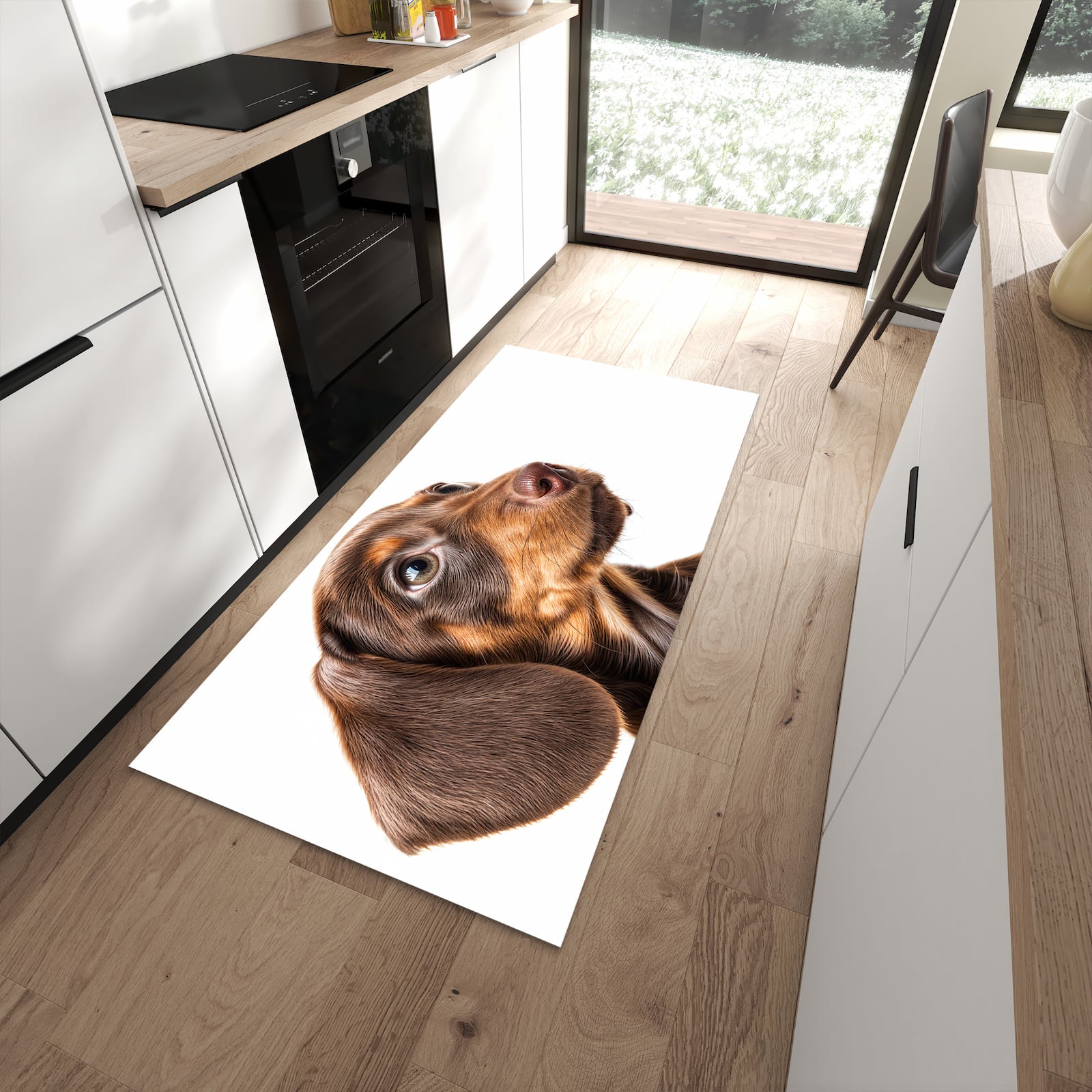 Geruchsneutraler Küchenteppich mit Motiv Niedlicher Hund in moderner Küche