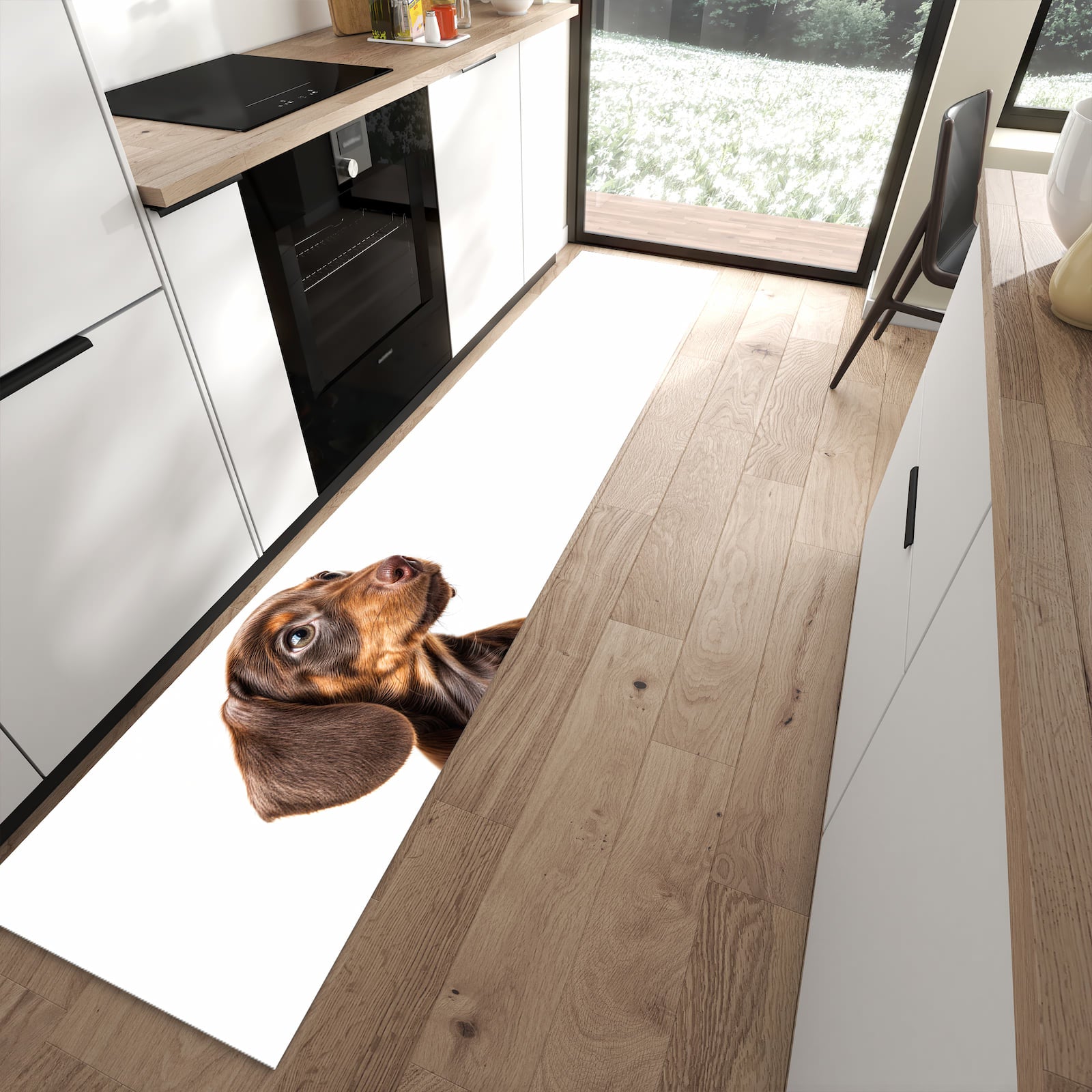 Abriebfester Küchenläufer nach Maß mit Motiv Niedlicher Hund in moderner Küche