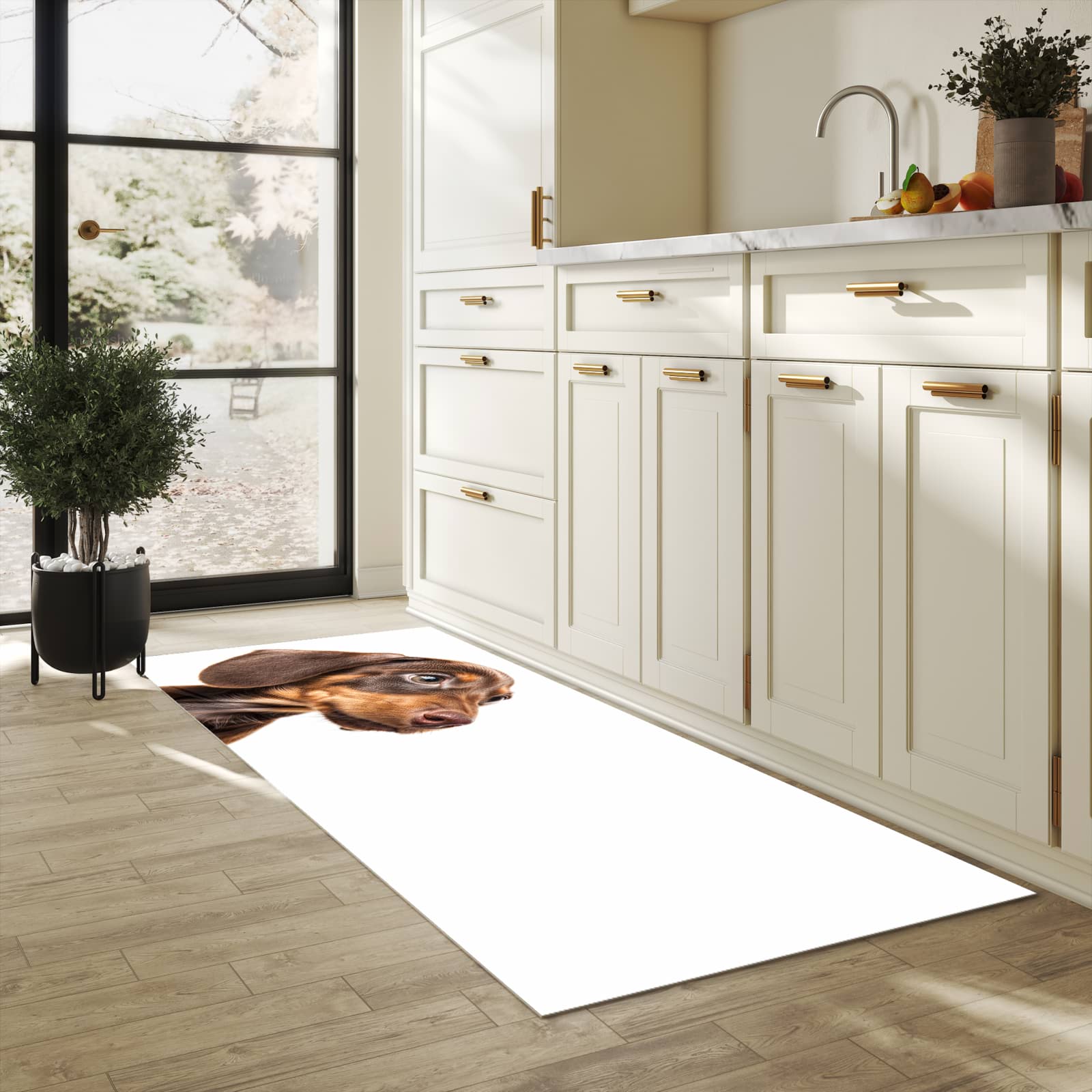 Strapazierfähiger Küchenteppich mit Motiv Niedlicher Hund in heller Küche