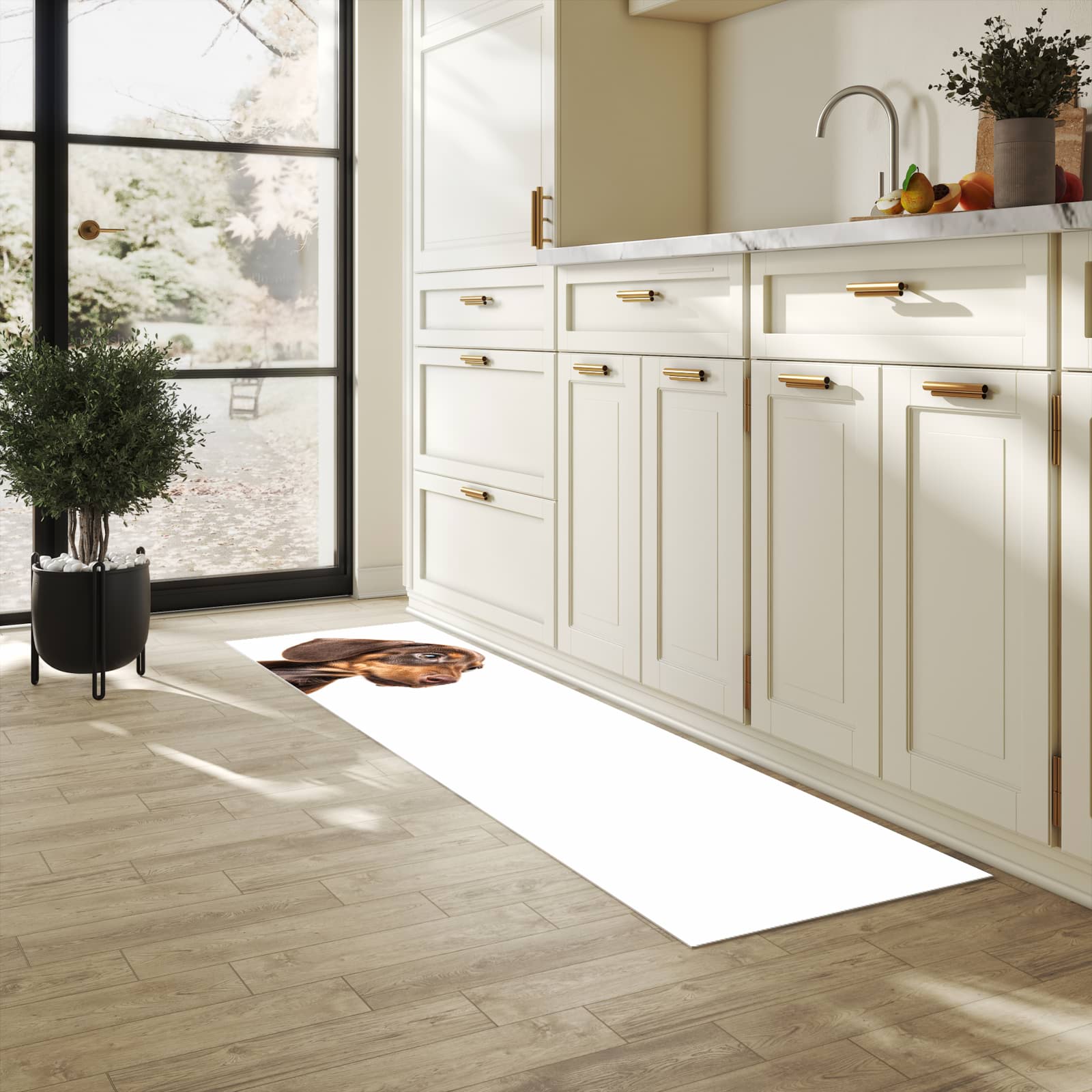 Geruchsneutraler rutschfester Küchenläufer mit Motiv Niedlicher Hund in heller Küche