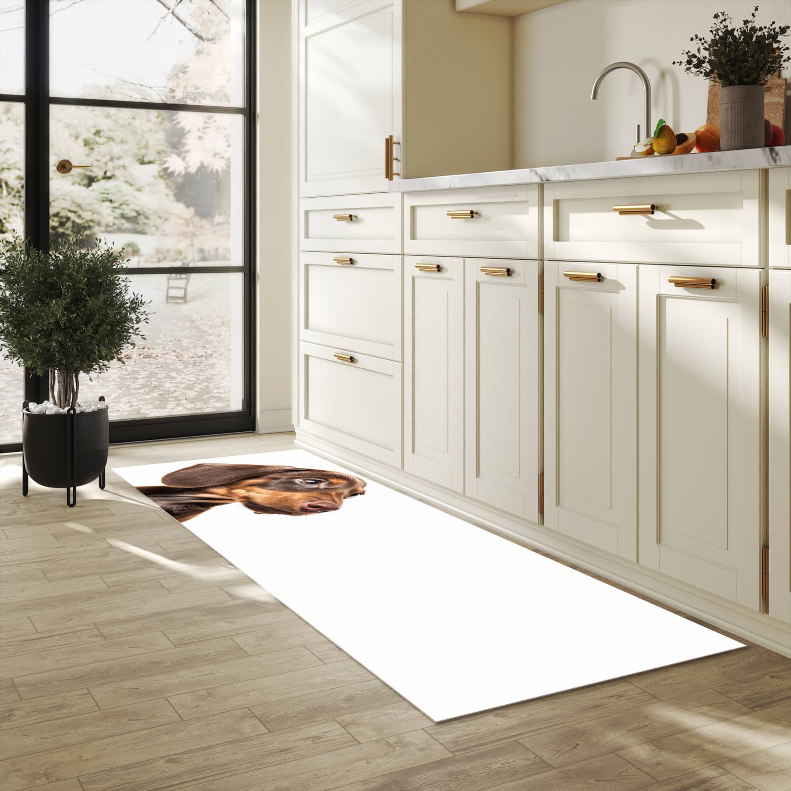 Rutschhemmender Küchenläufer mit Motiv Niedlicher Hund in heller Küche
