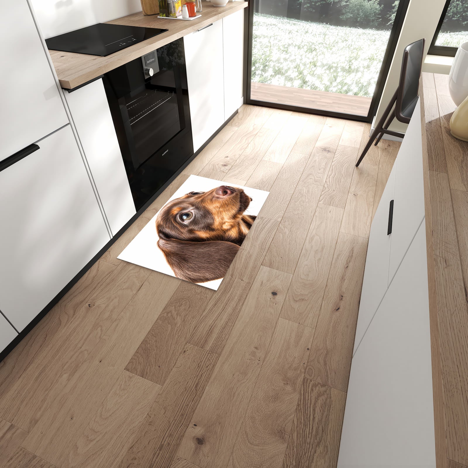 UV-beständiger Küchenläufer mit Motiv Niedlicher Hund in moderner Küche - waschbar