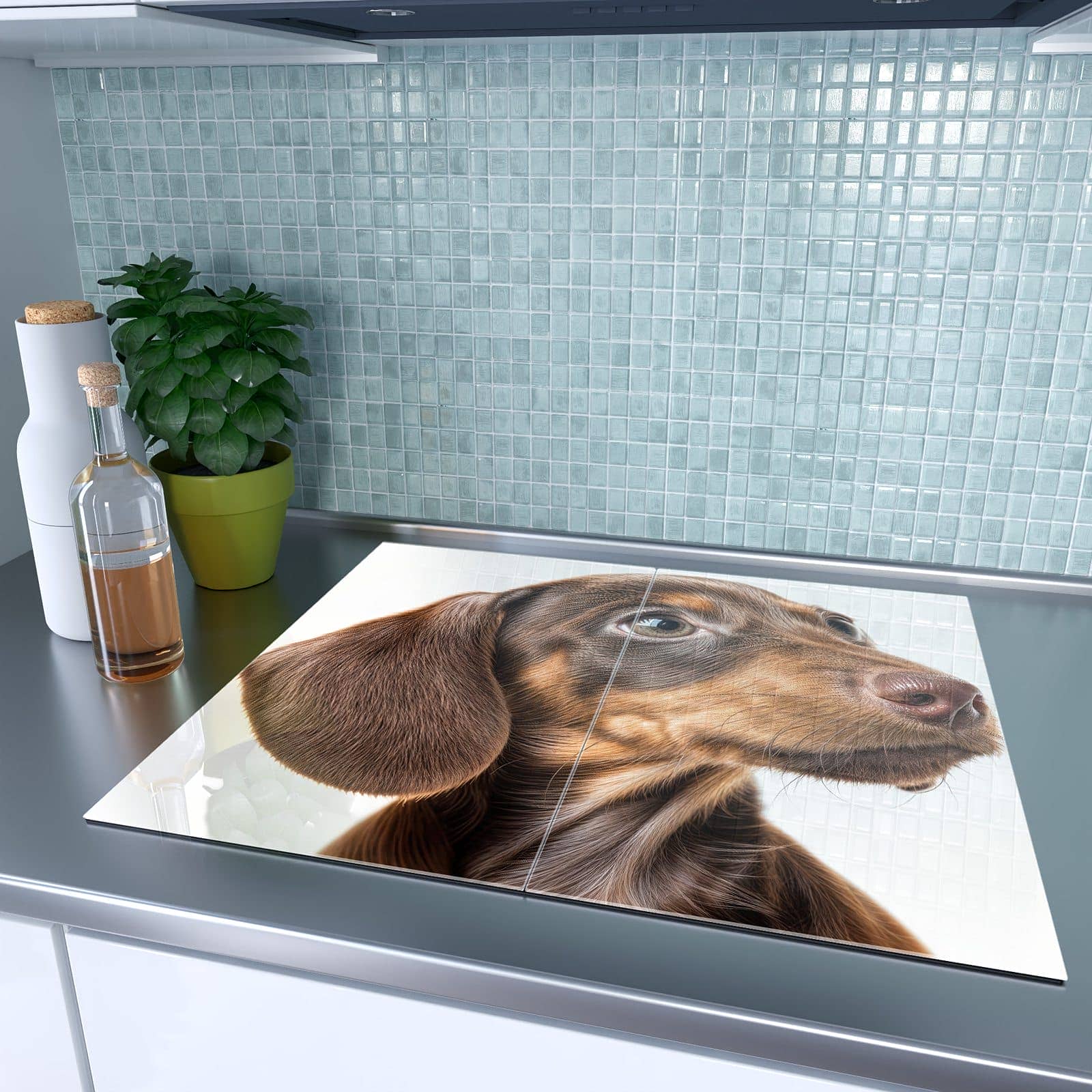 2-teilige Herdabdeckplatte für Induktionsherd mit Niedlicher Hund-Motiv auf dem Ceranfeld